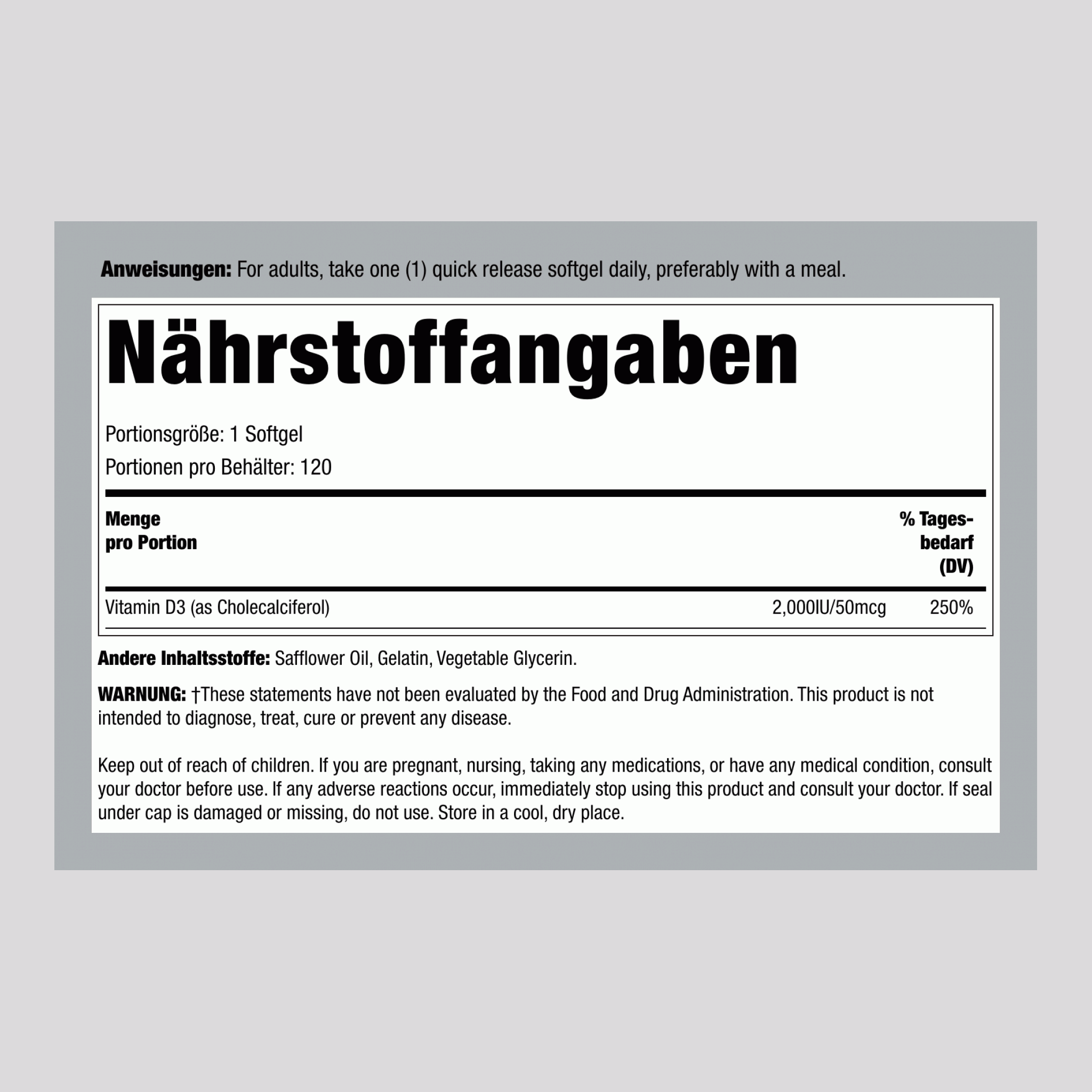 Vitamin D3,  2000 IU 120 Softgele mit schneller Freisetzung 2 Flaschen