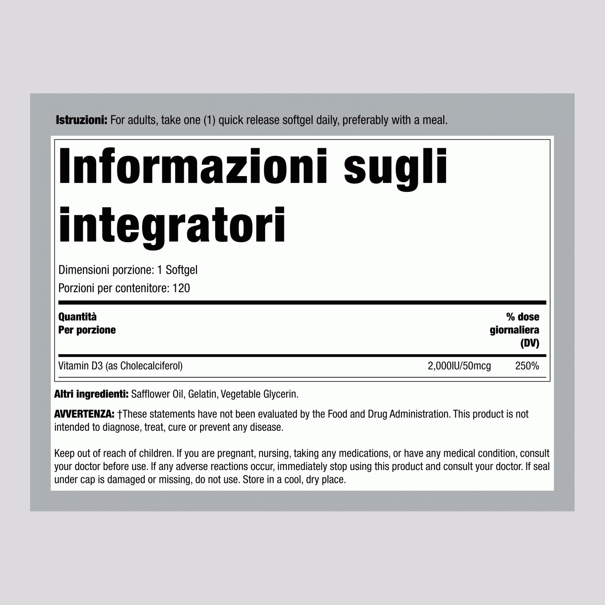 Vitamina D 3,  2000 IU 120 Capsule in gelatina molle a rilascio rapido 2 Bottiglie