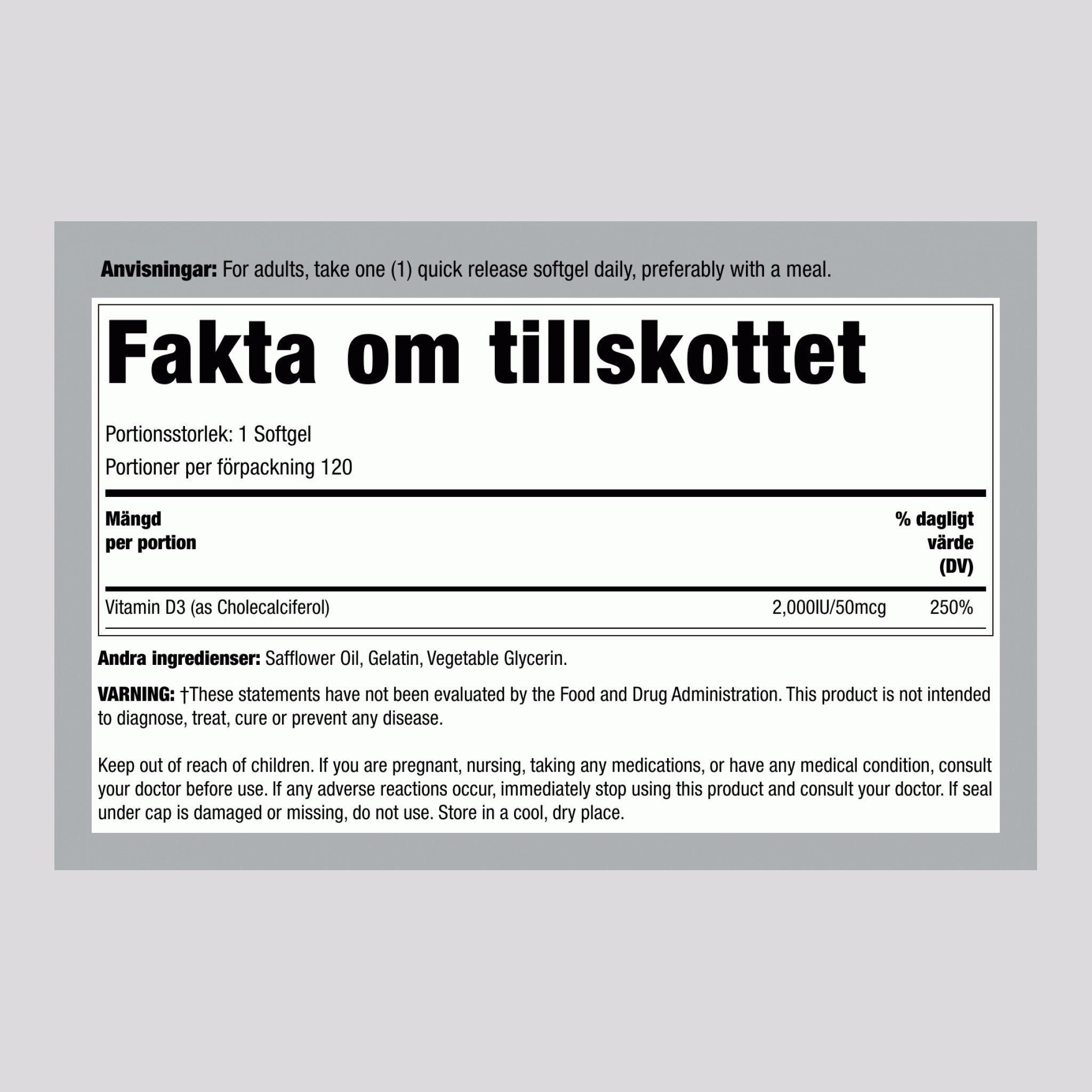 Vitamin D3,  2000 IU 120 Kapsule iz mehkega gela s hitrim sproščanjem 2 Steklenice