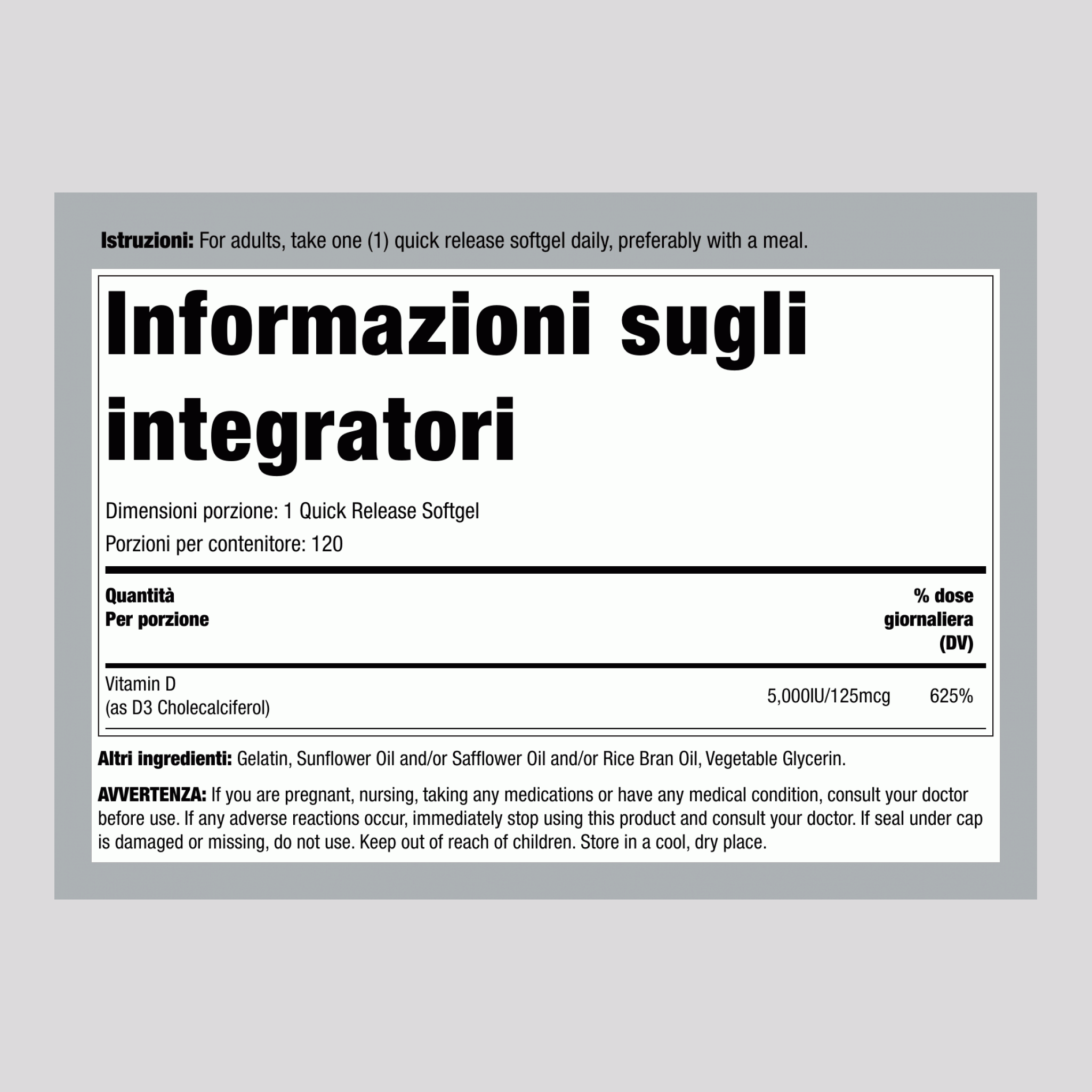 Vitamina D 3 5000 IU 120 Capsule in gelatina molle a rilascio rapido     