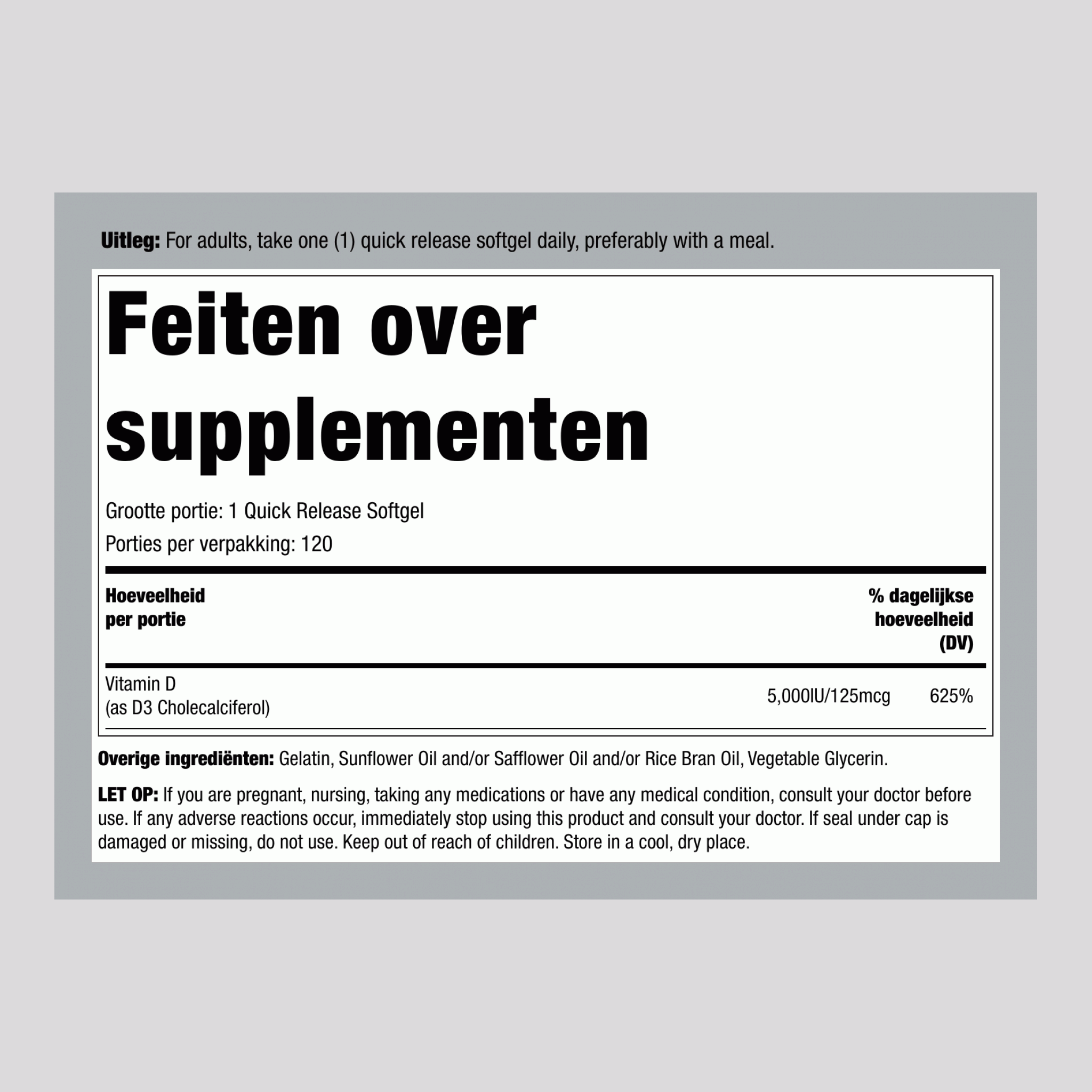 Vitamine D3 5000 IU 120 Snel afgevende softgels     