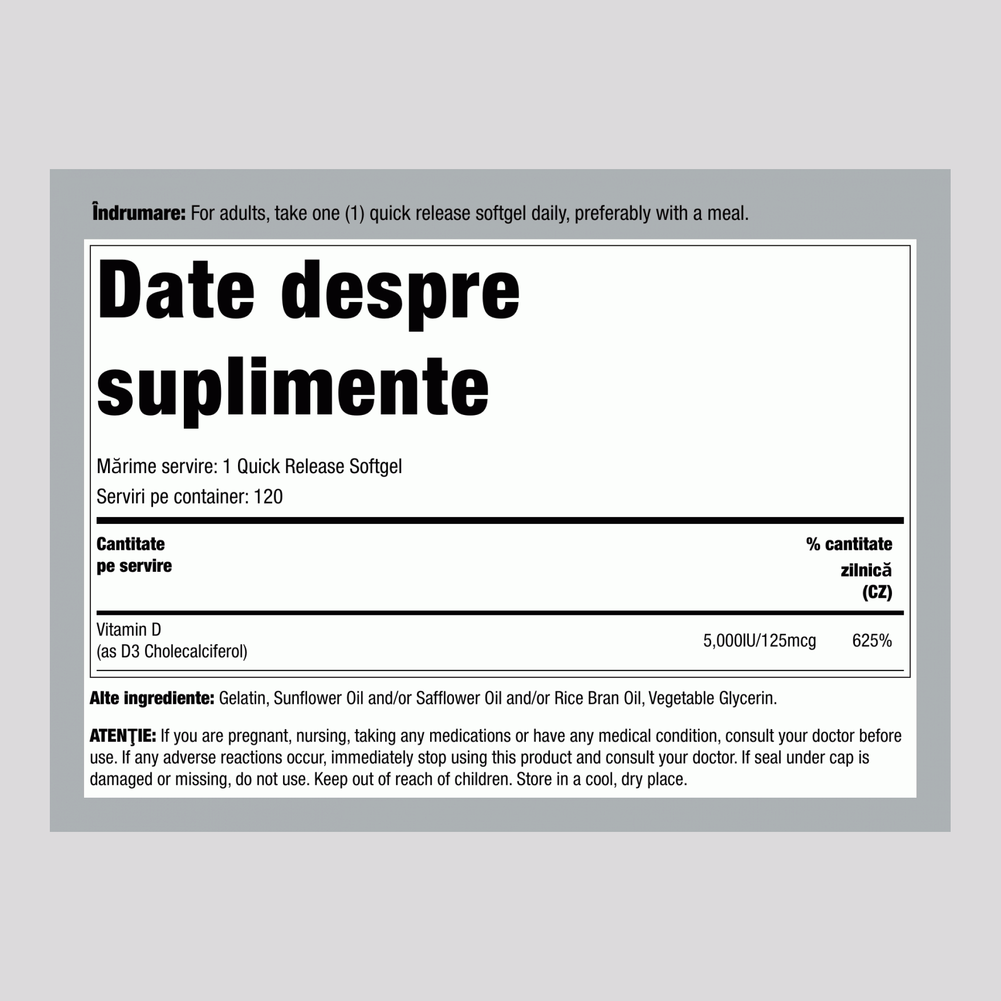 Vitamina D 3 5000 IU 120 Geluri cu eliberare rapidă     