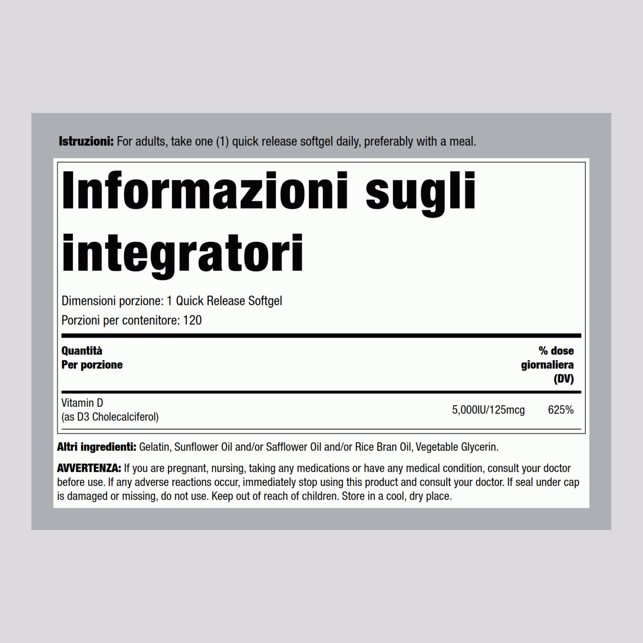 Vitamina D 3 5000 IU 120 Capsule in gelatina molle a rilascio rapido     