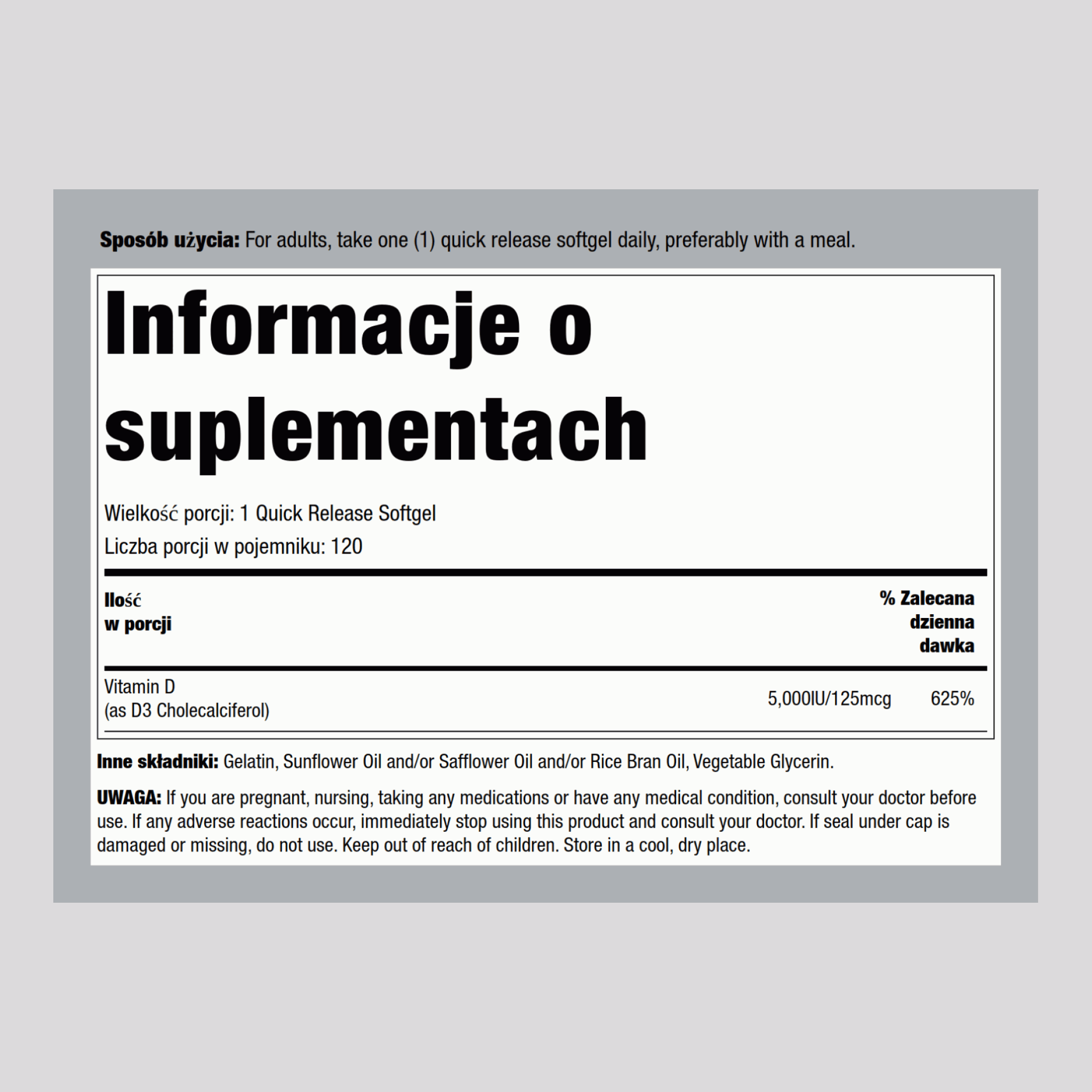 Witaminy D 3 5000 IU 120 Miękkie kapsułki żelowe o szybkim uwalnianiu     