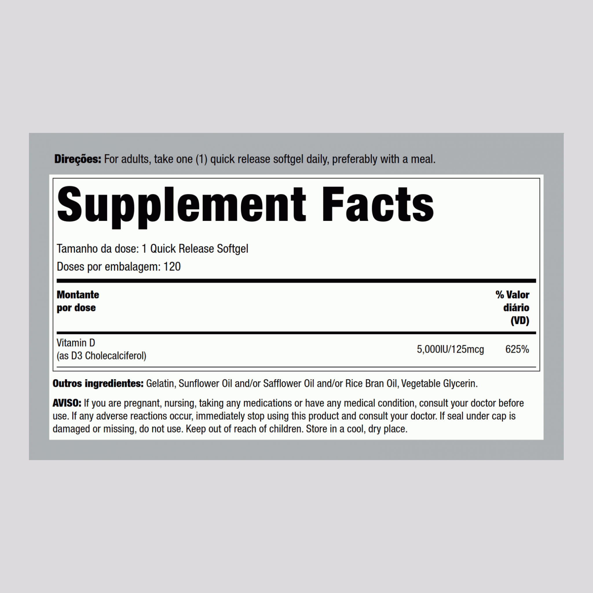 Vitamina D3 5000 IU 120 Gels de Rápida Absorção     