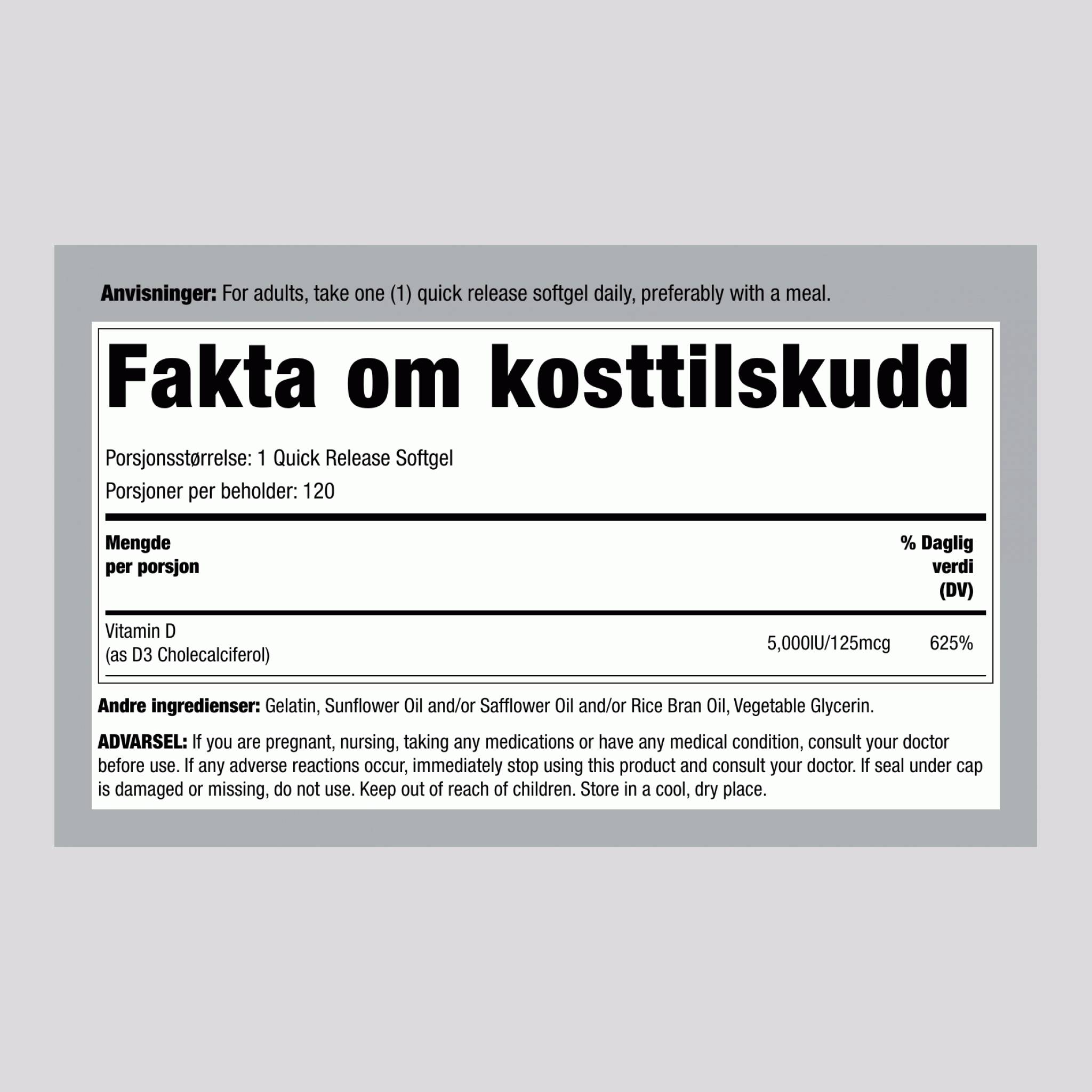 Vitamin D 3,  5000 IU 120 Hurtigvirkende myke geleer 2 Flasker