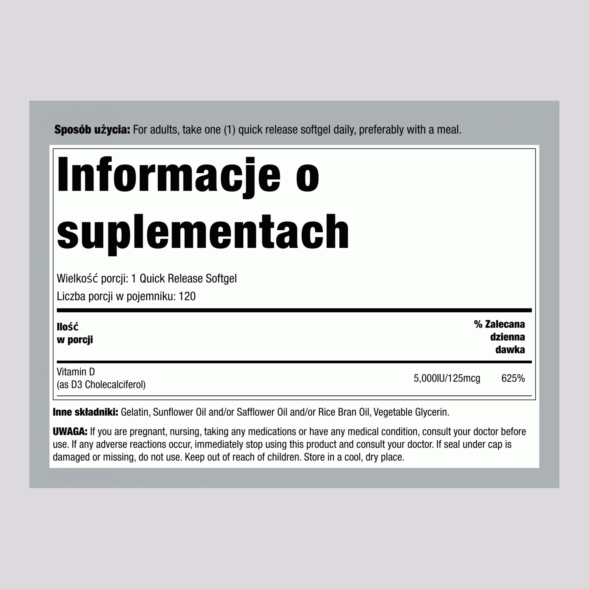 Witaminy D 3,  5000 IU 120 Miękkie kapsułki żelowe o szybkim uwalnianiu 2 Butelki