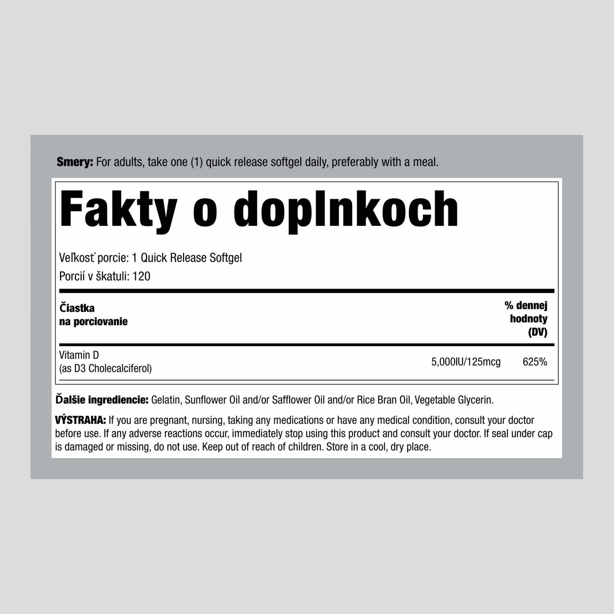 Vitamín D3,  5000 IU 120 Mäkké gély s rýchlym uvoľňovaním 2 Fľaše