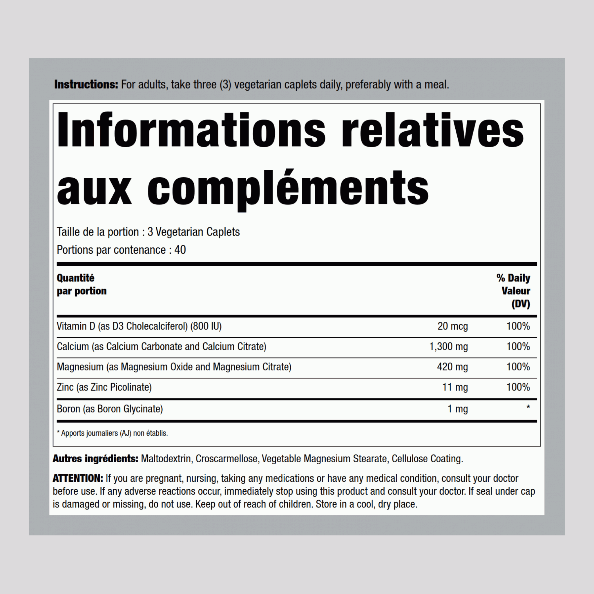 Calcium Magnesium Zinc avec D3 120 Végétarienne Petits comprimés       