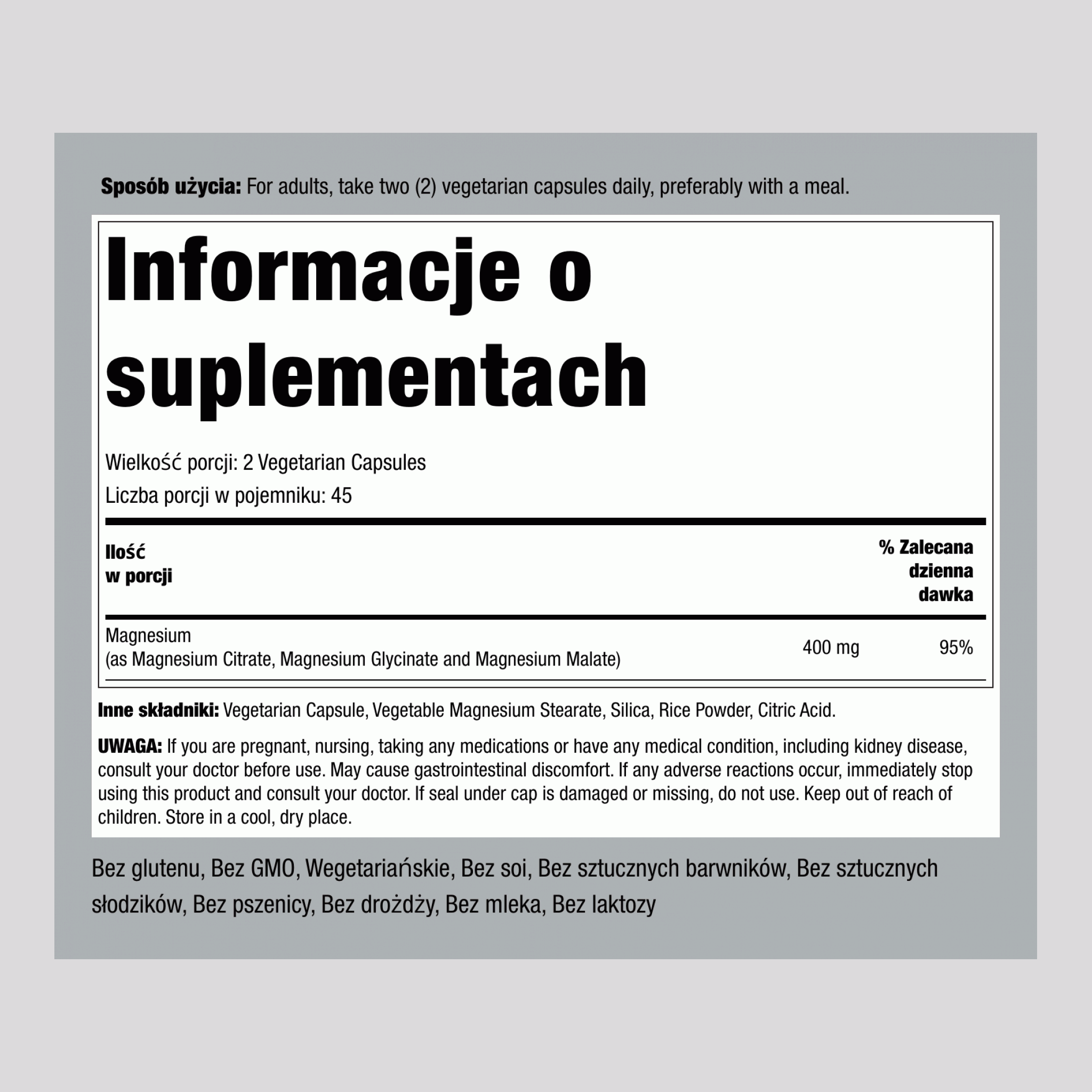 Magnez (Potrójne Działanie), 400 mg, 90 Kapsułek Wegetariańskich