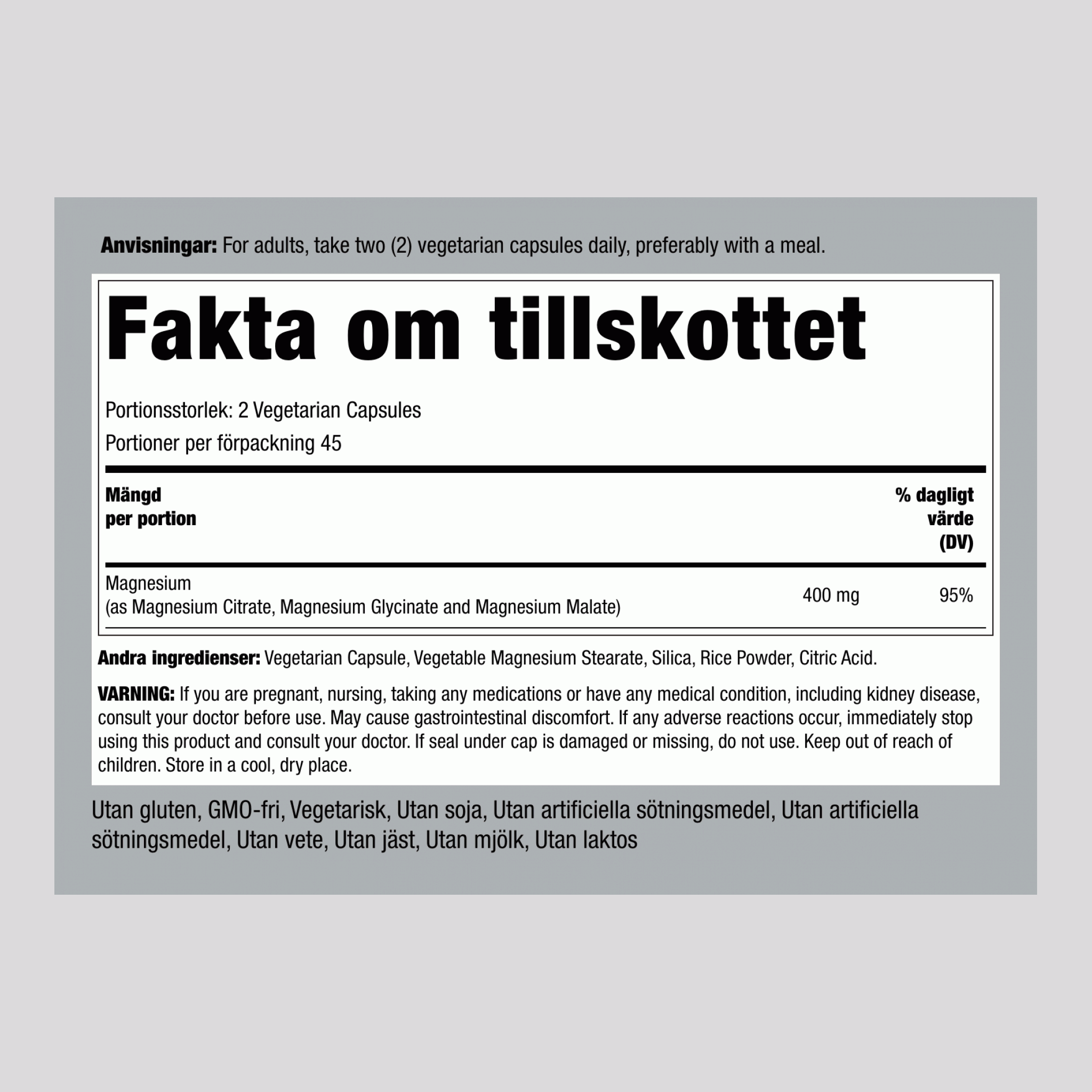 Magnesium (Trippel-Action), 400 mg, 90 Vegetariska Kapslar