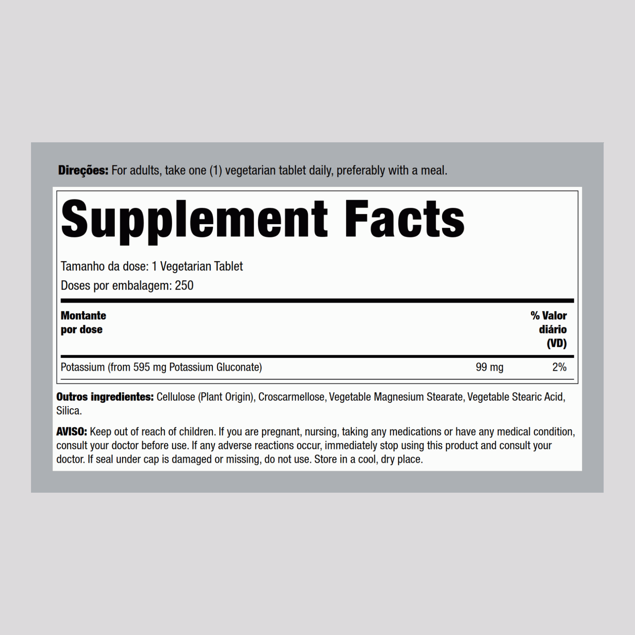 Gluconato de potássio 99 mg 250 Comprimidos vegetarianos     