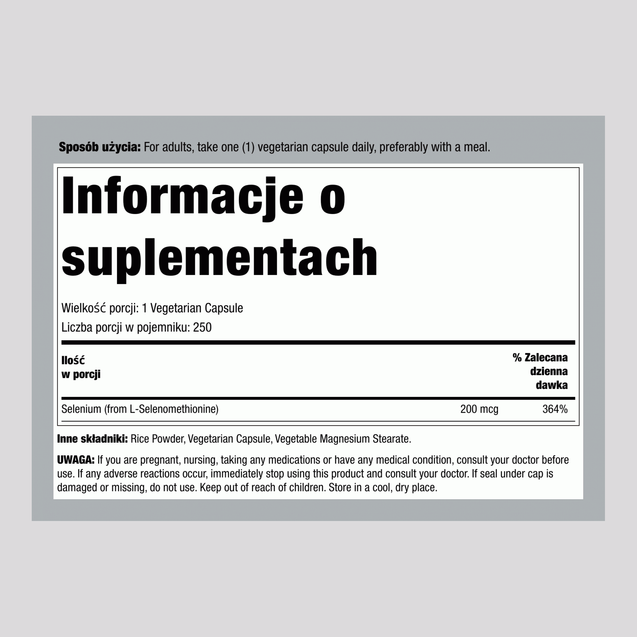 Selen (bez drożdży) 200 mcg 120 Kapsułki wegetariańskie     