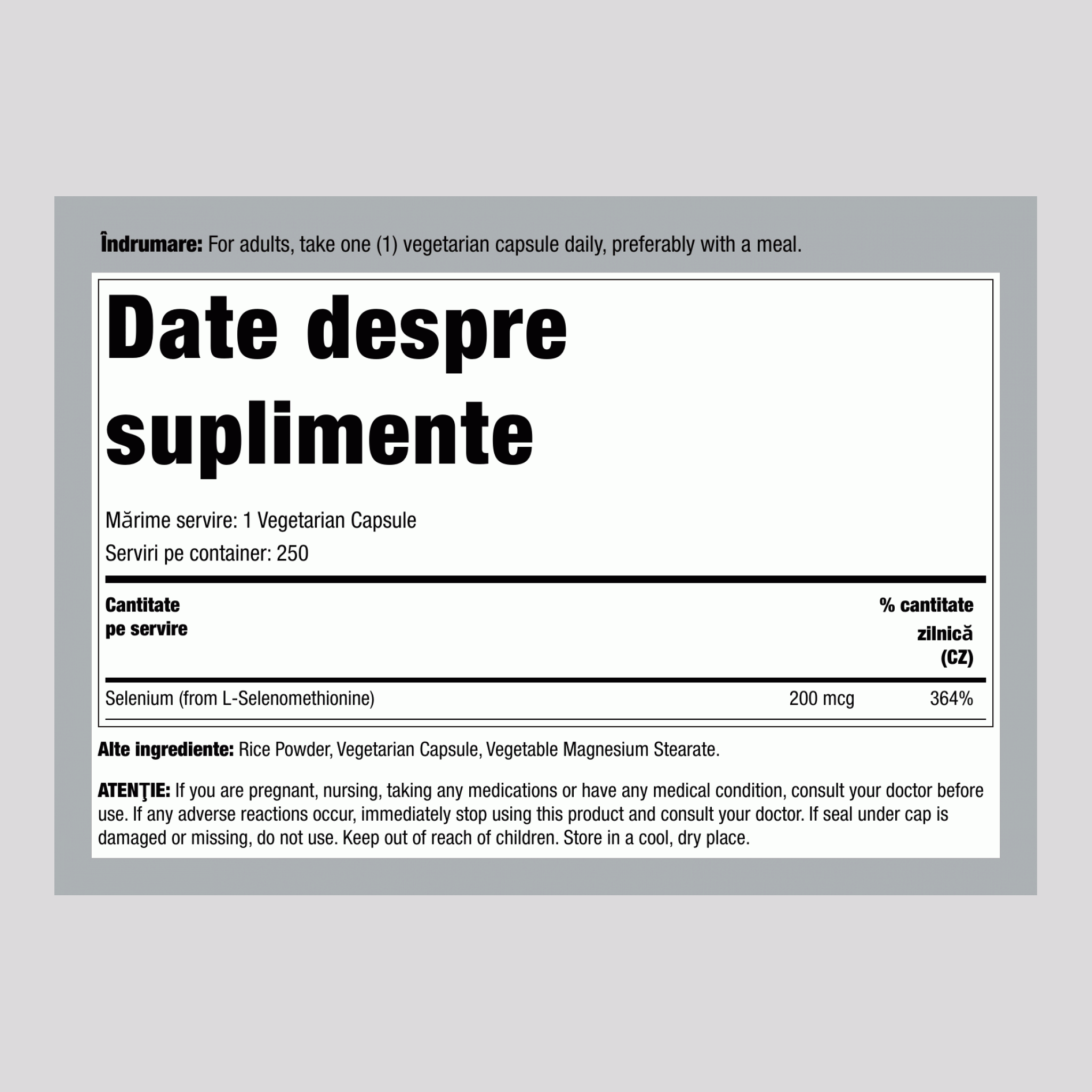 Seleniu (fără drojdie) 200 mcg 120 Capsule vegetariene     