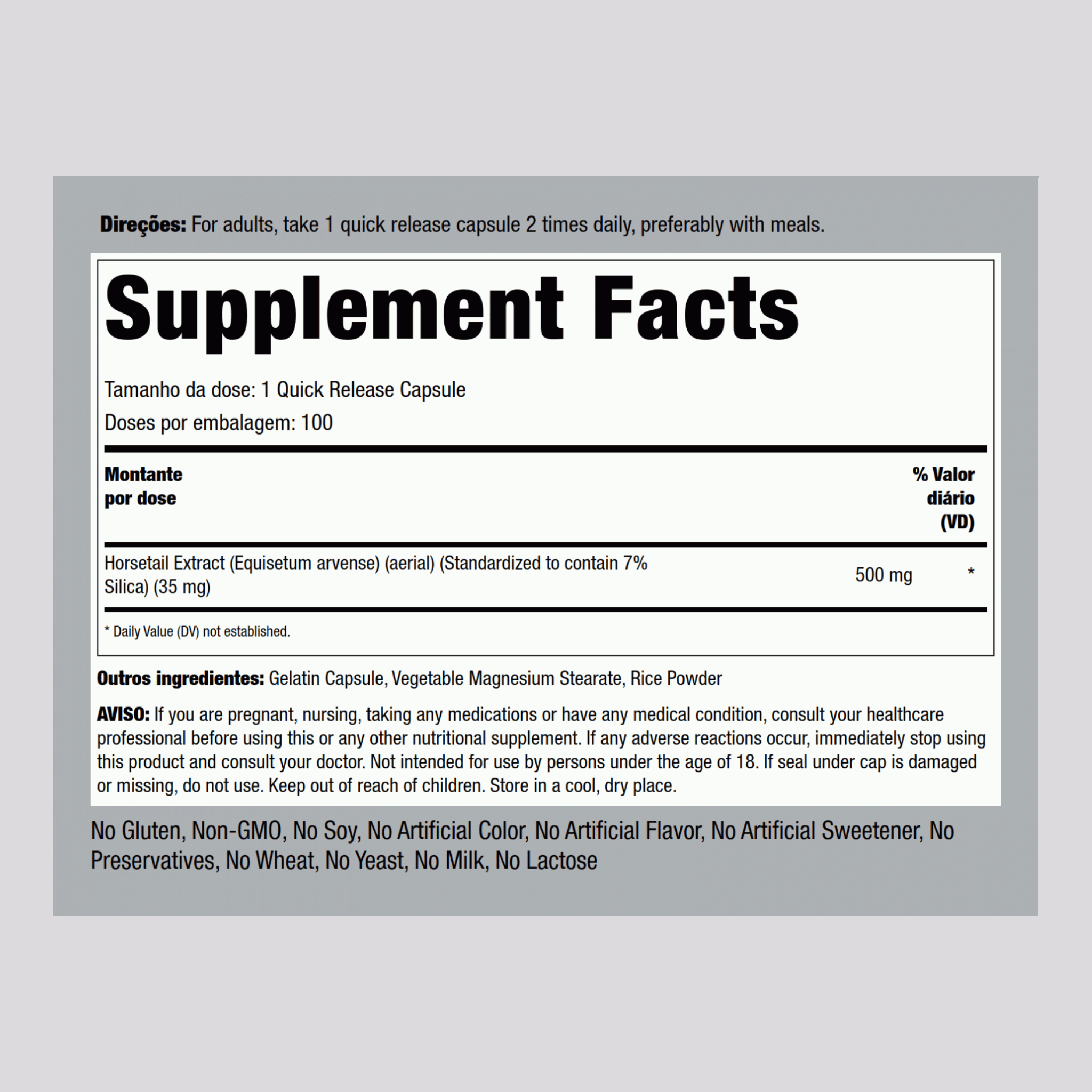 Sílica (cavalinha) 500 mg 100 Cápsulas de Rápida Absorção     