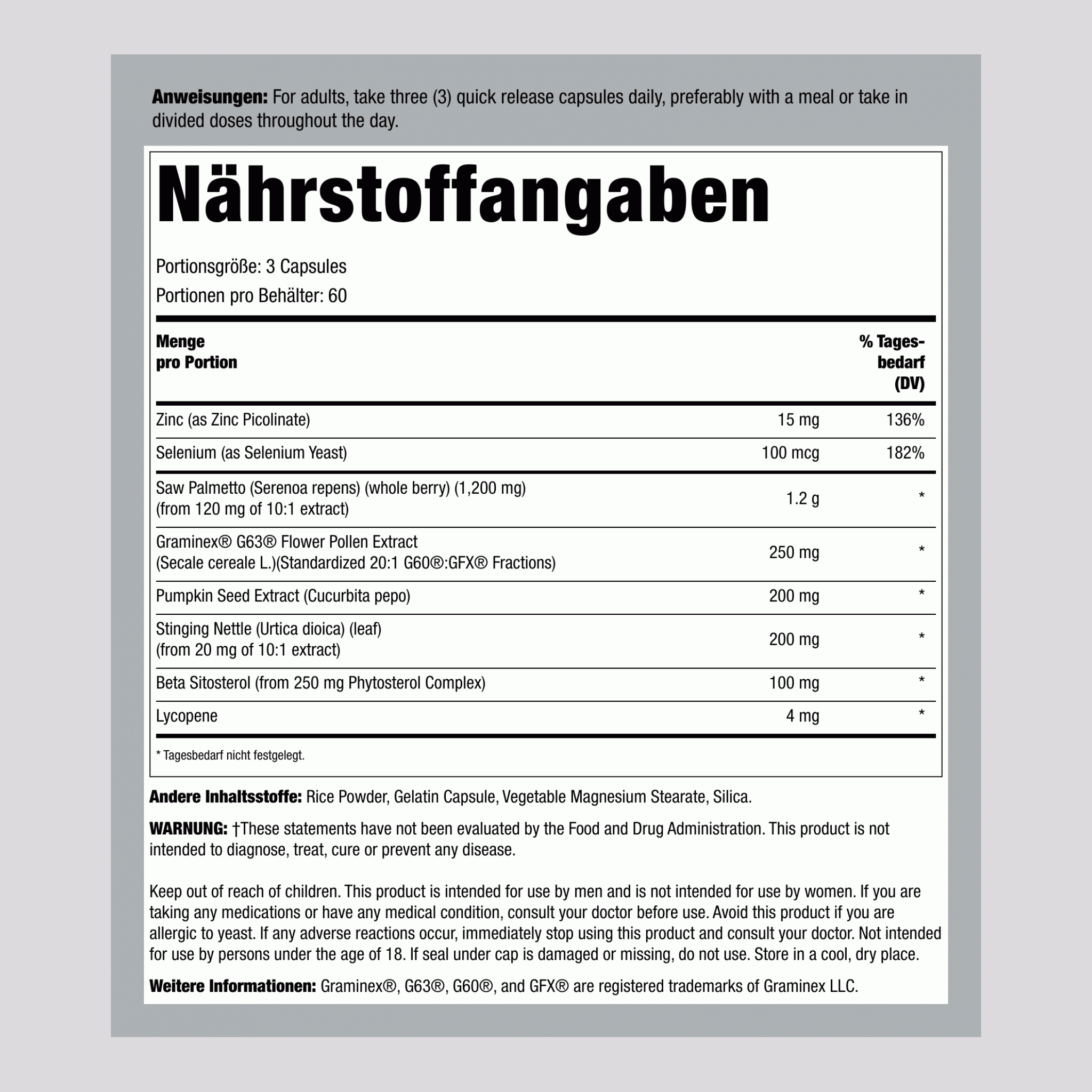 Prostata-Stärkemitel mit Graminex 180 Kapseln mit schneller Freisetzung 2 Flaschen    
