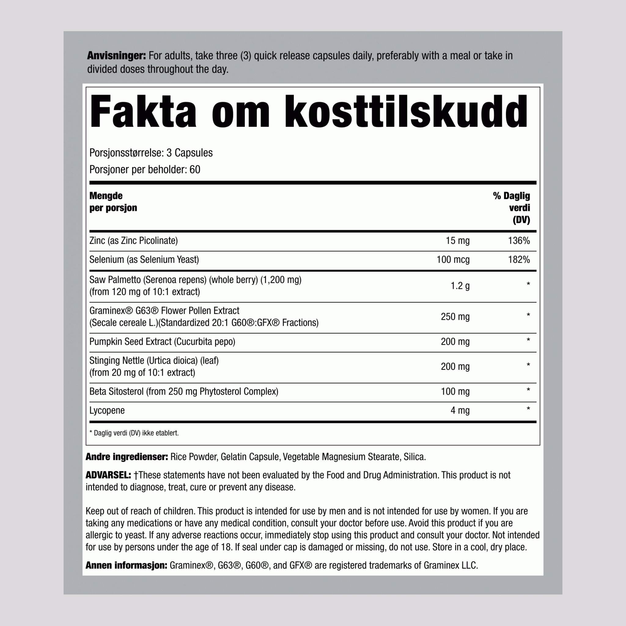 Prostatastøtte med Graminex 180 Hurtigvirkende kapsler 2 Flasker    