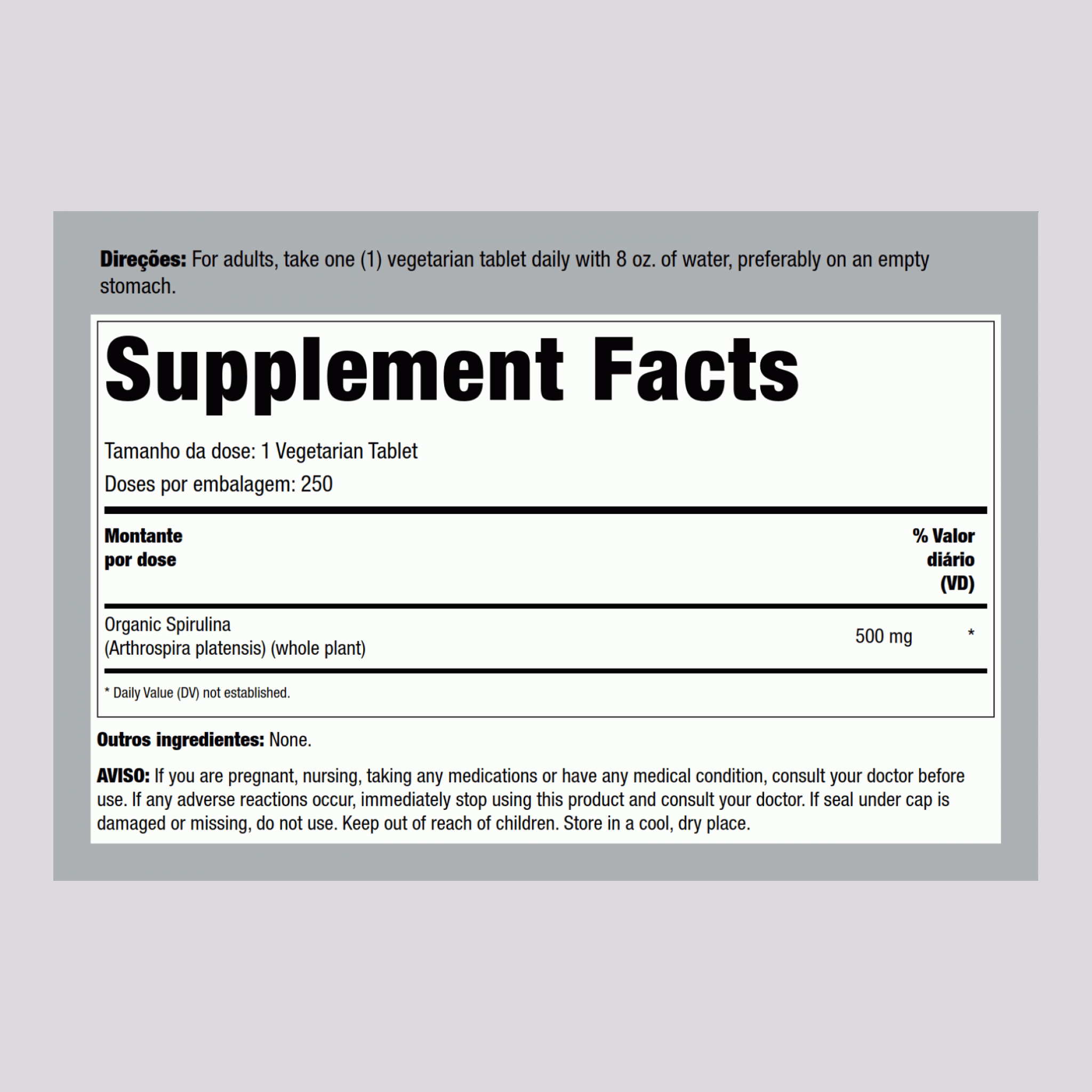 Spirulina (Orgânico) 500 mg 250 Comprimidos vegetarianos     