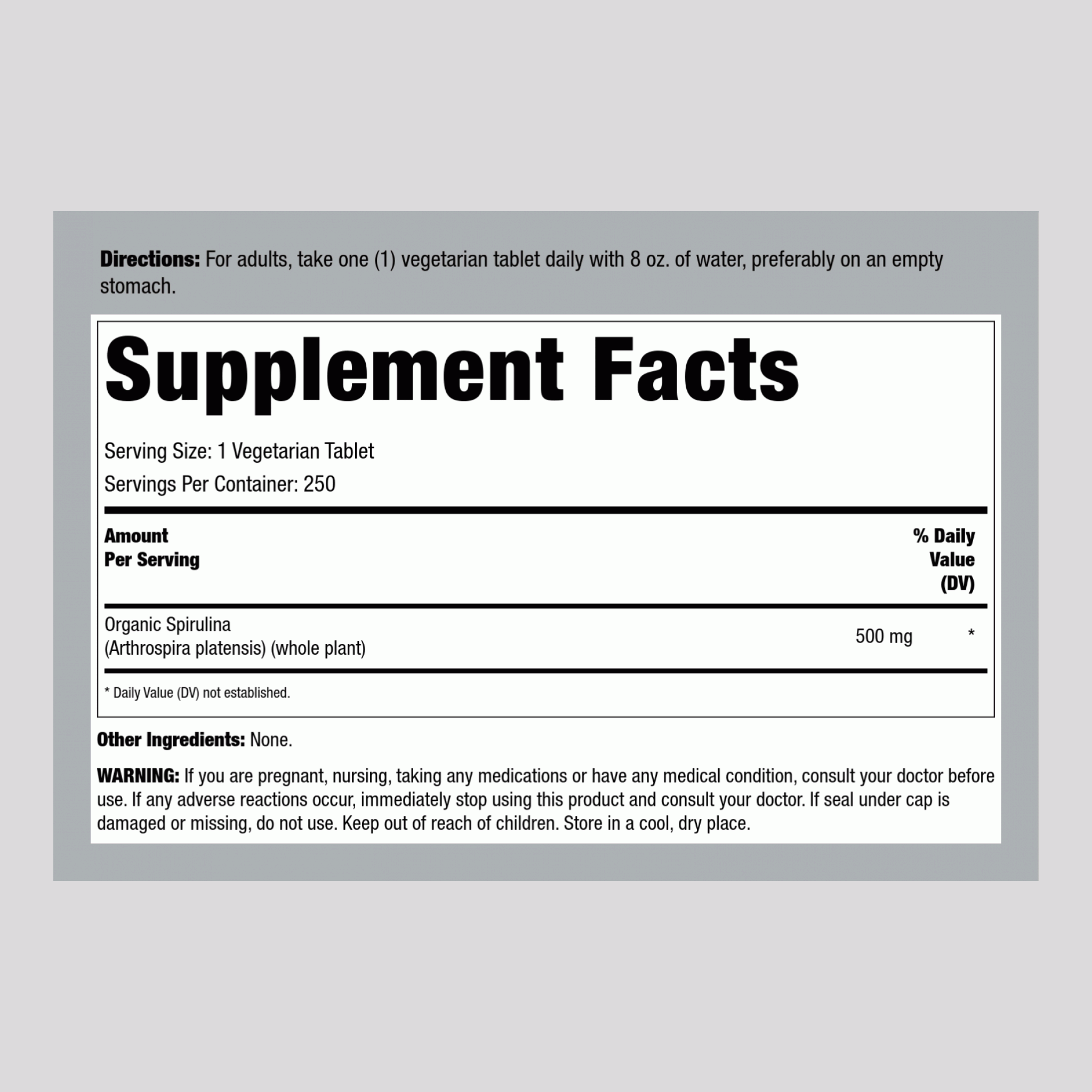 Spirulina (Organic), 500 mg, 250 Vegetarian Tablets
