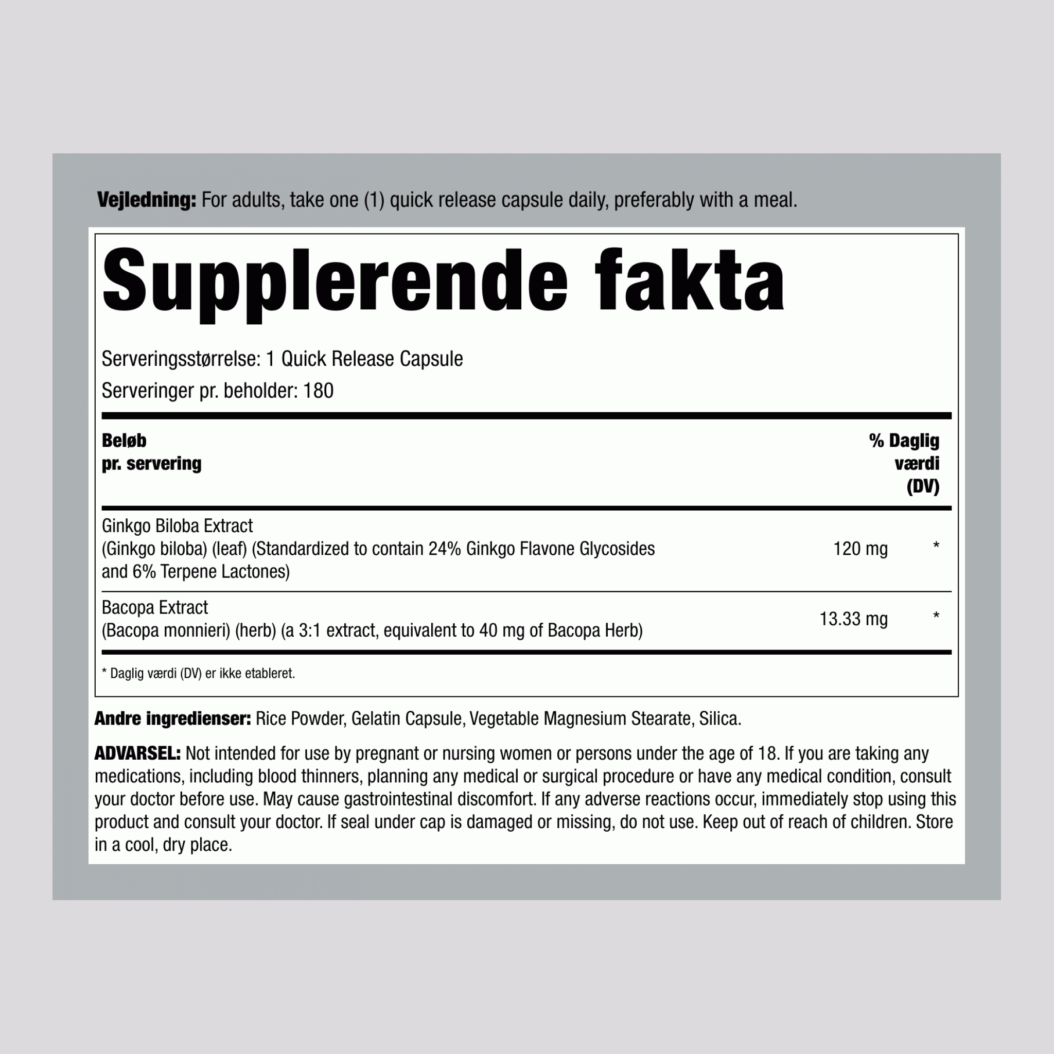 Ginkgo Biloba Standardiseret Ekstrakt 120 mg 180 Kapsler     