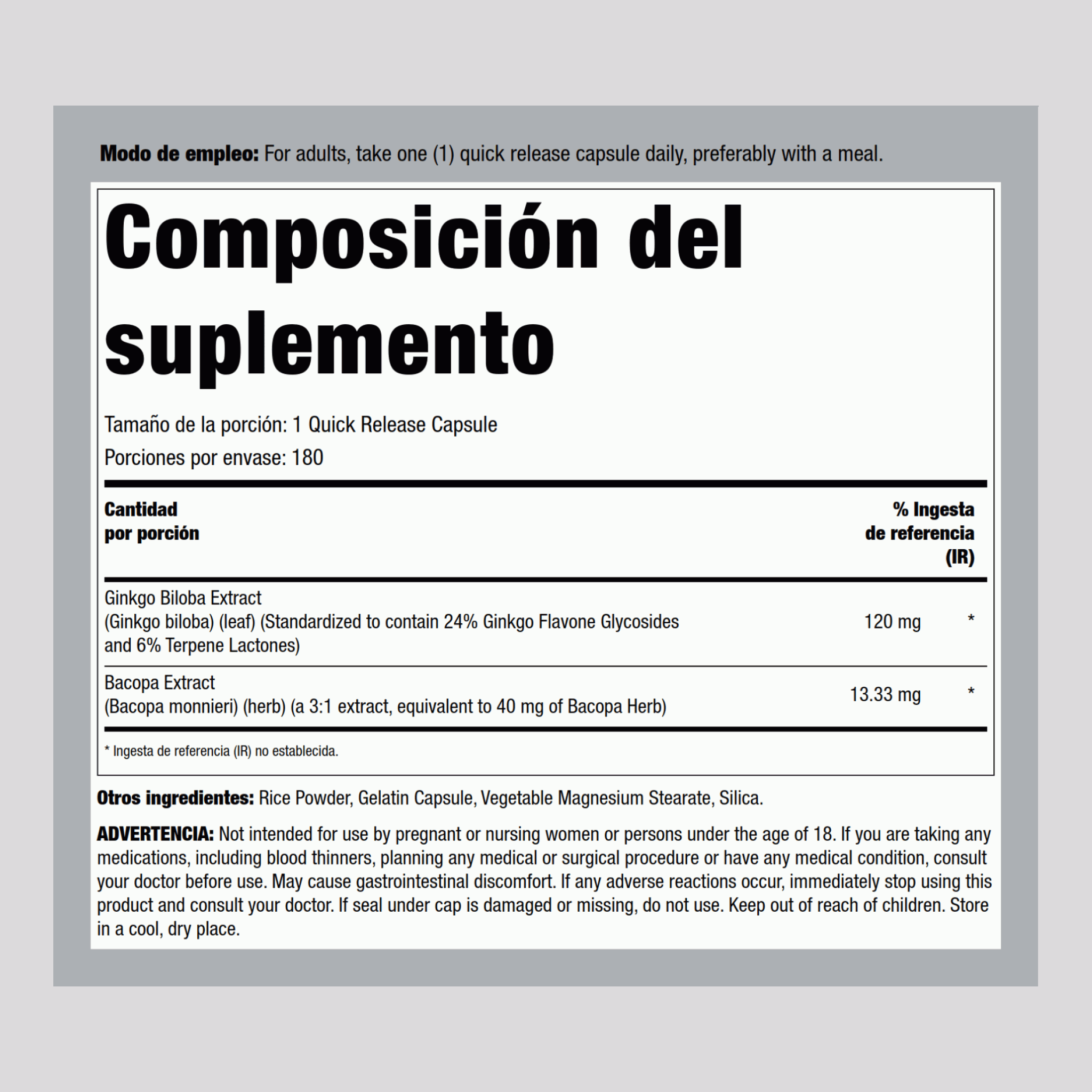 Extracto de Ginkgo Biloba Estandarizado 120 mg 180 Cápsulas     