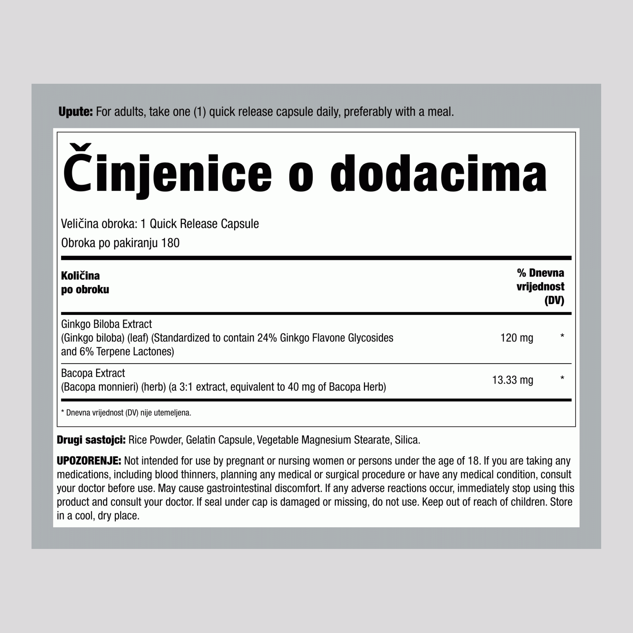 Ginkgo Bilobe Standardizirani ekstrakt 120 mg 180 Kapsule     