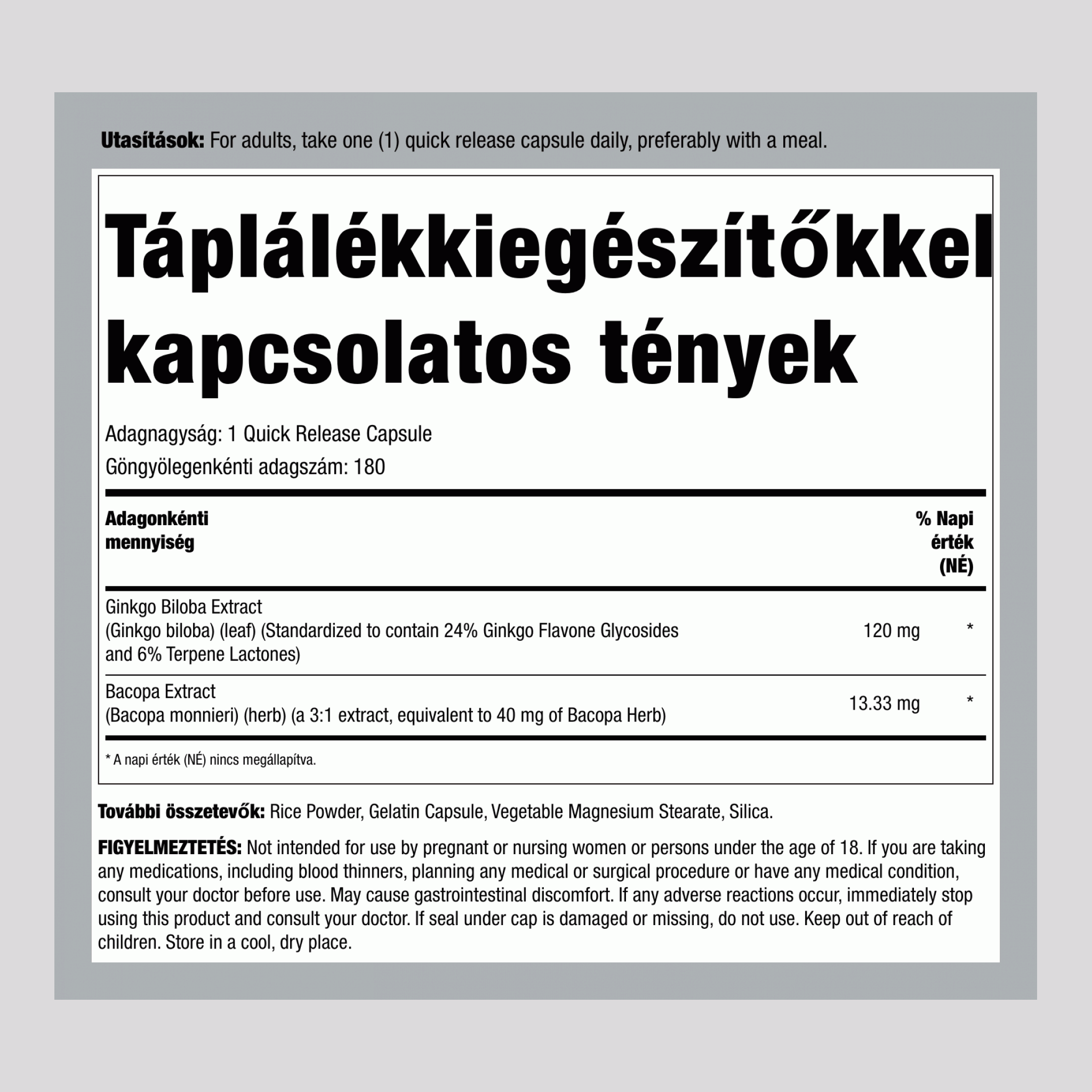 Ginkgo Biloba Szabványosított Kivonat 120 mg 180 Kapszulák     