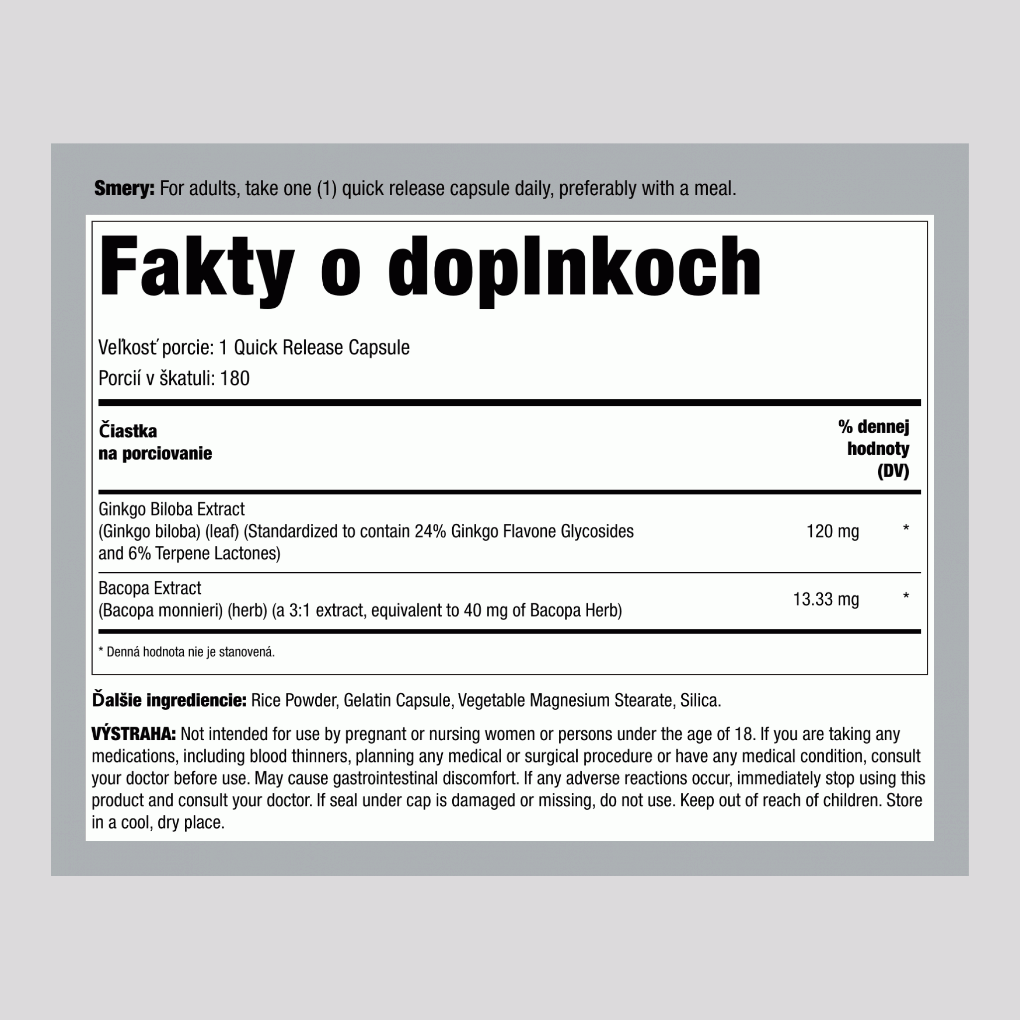 Ginkgo Biloba štandardizovaný Extrakt 120 mg 180 Kapsuly     