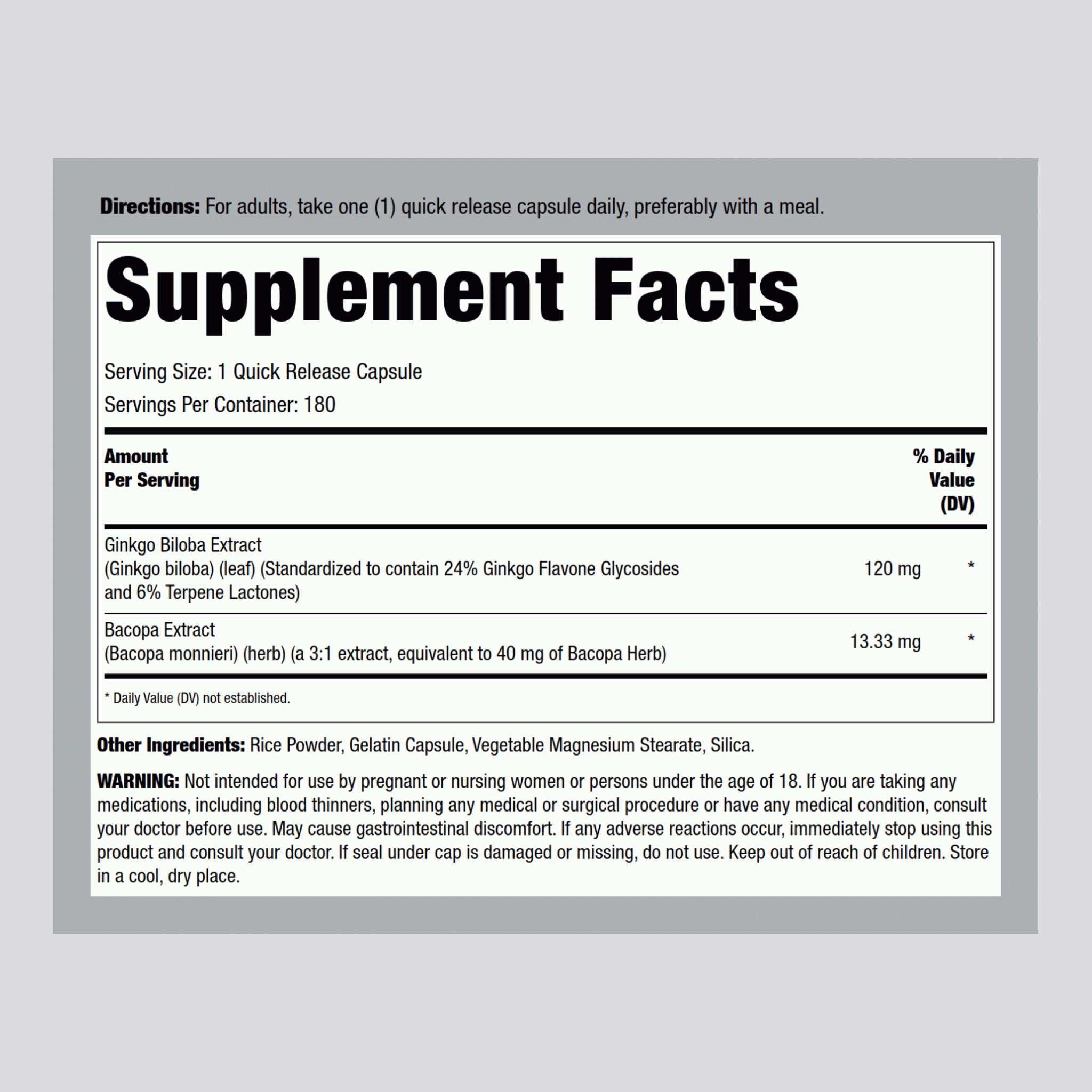 Ginkgo Biloba Standardized Extract, 120 mg, 180 Capsules