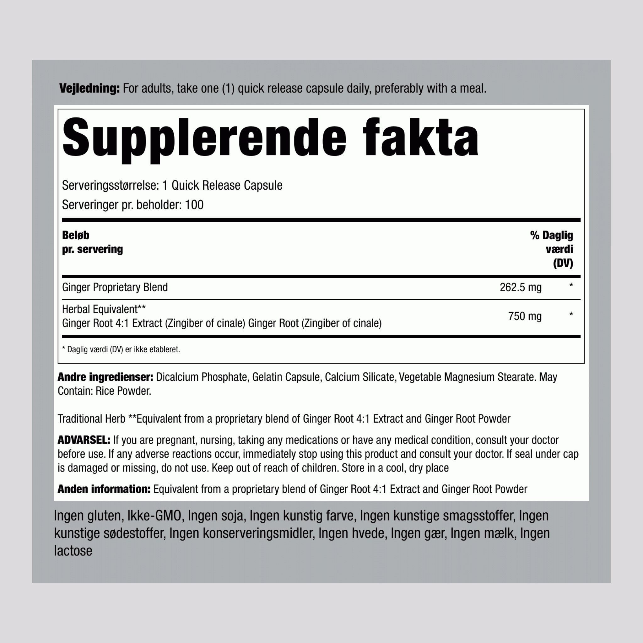 Ingefærrodsekstrakt  750 mg 100 Kapsler     