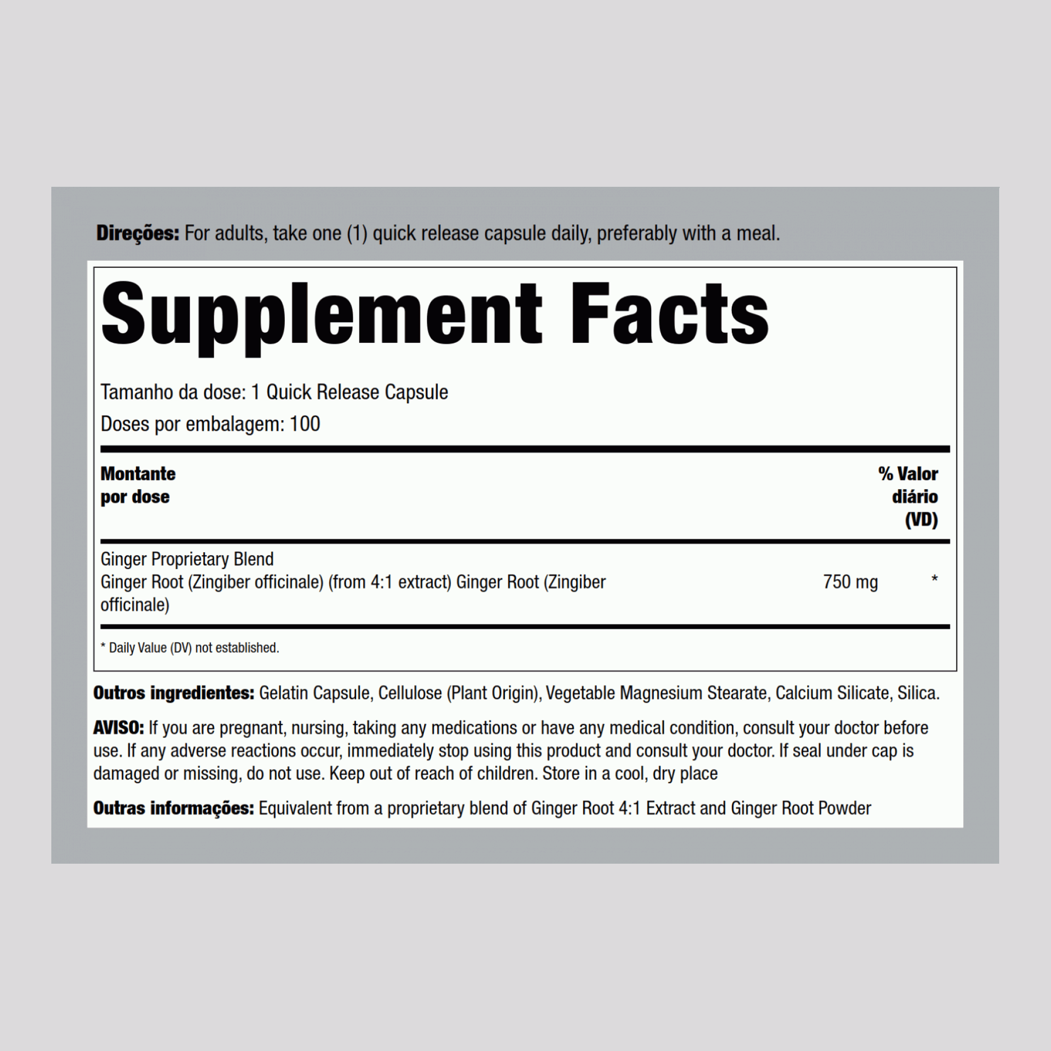 Extrato de raiz de gengibre  750 mg 100 Cápsulas     