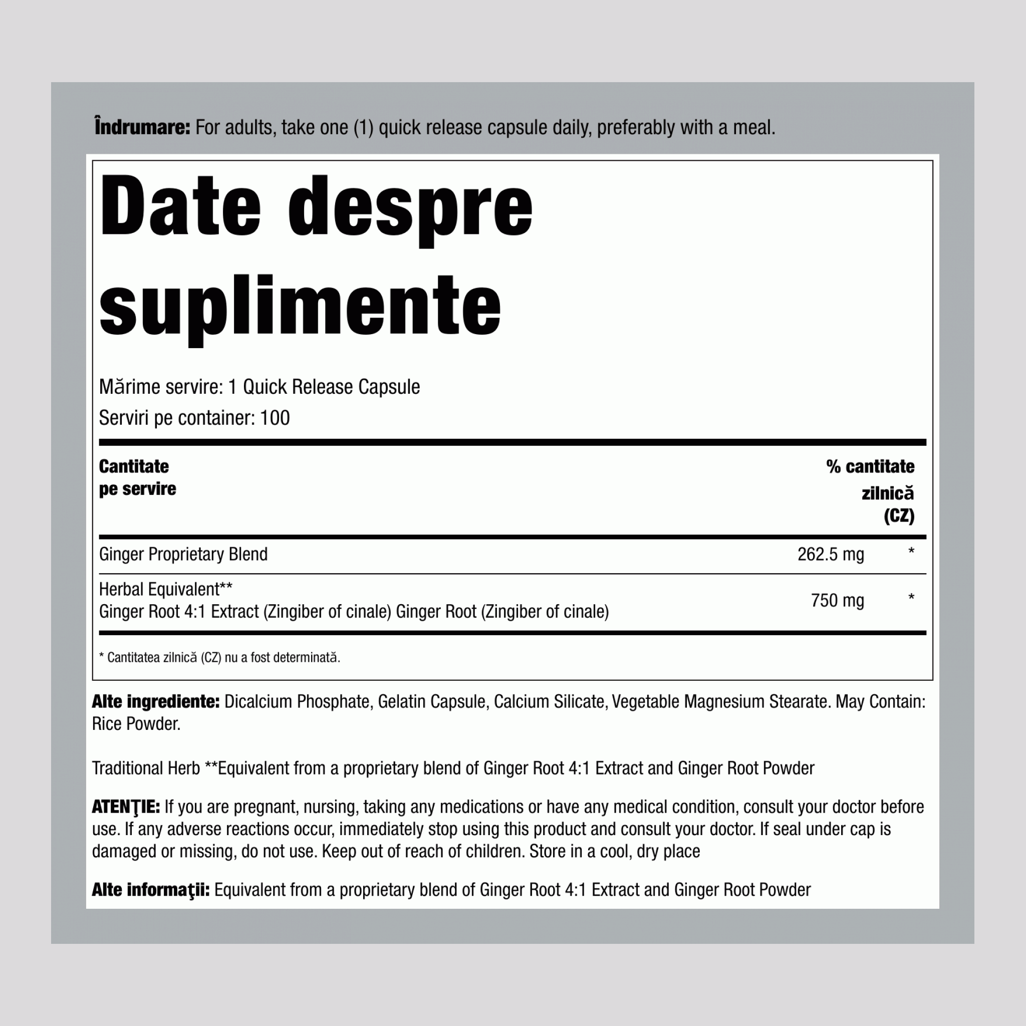 Extract de rădăcină de ghimbir  750 mg 100 Capsule     