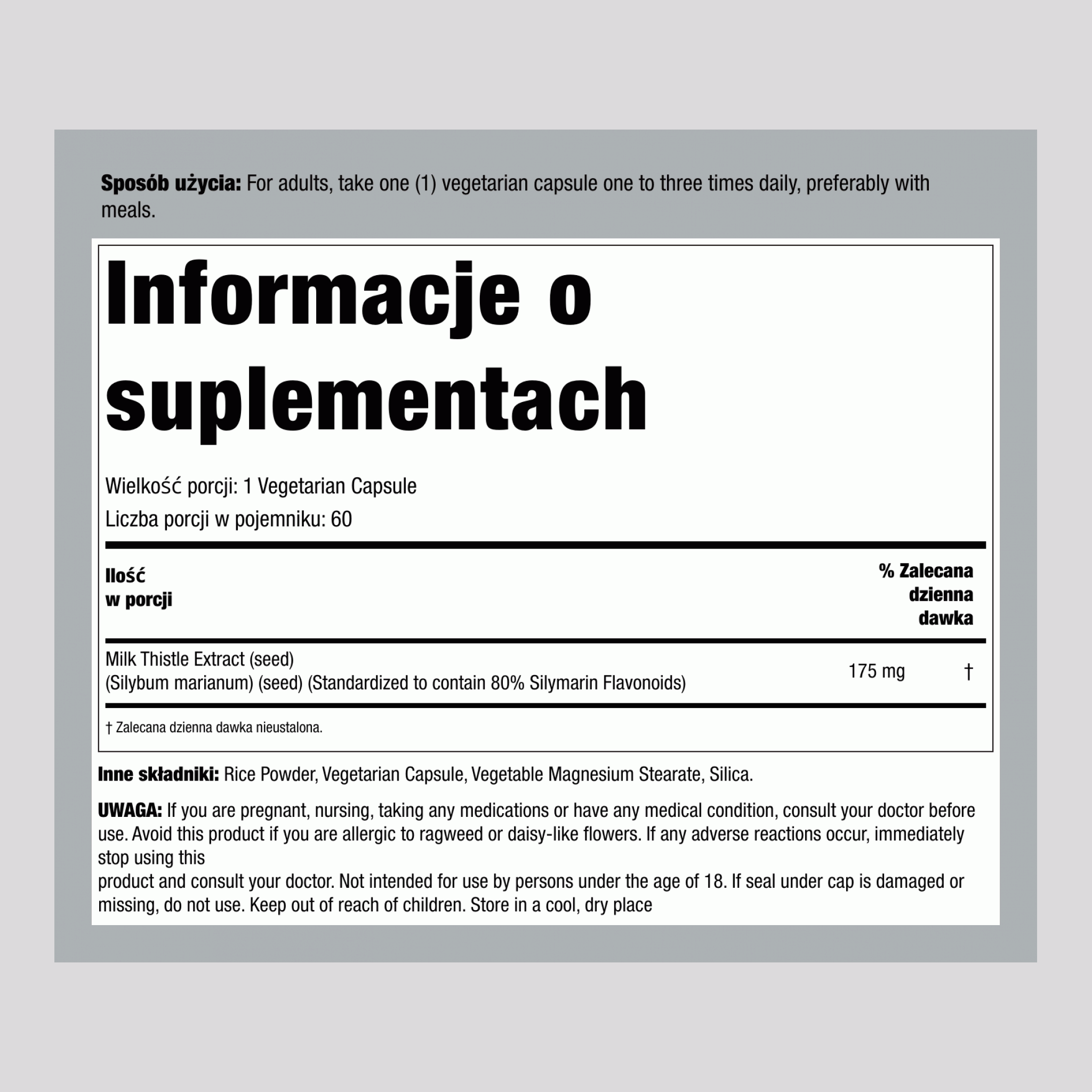 Wyciąg standaryzowany z ostropestu plamistego,  175 mg 60 Kapsułki wegetariańskie 2 Butelki