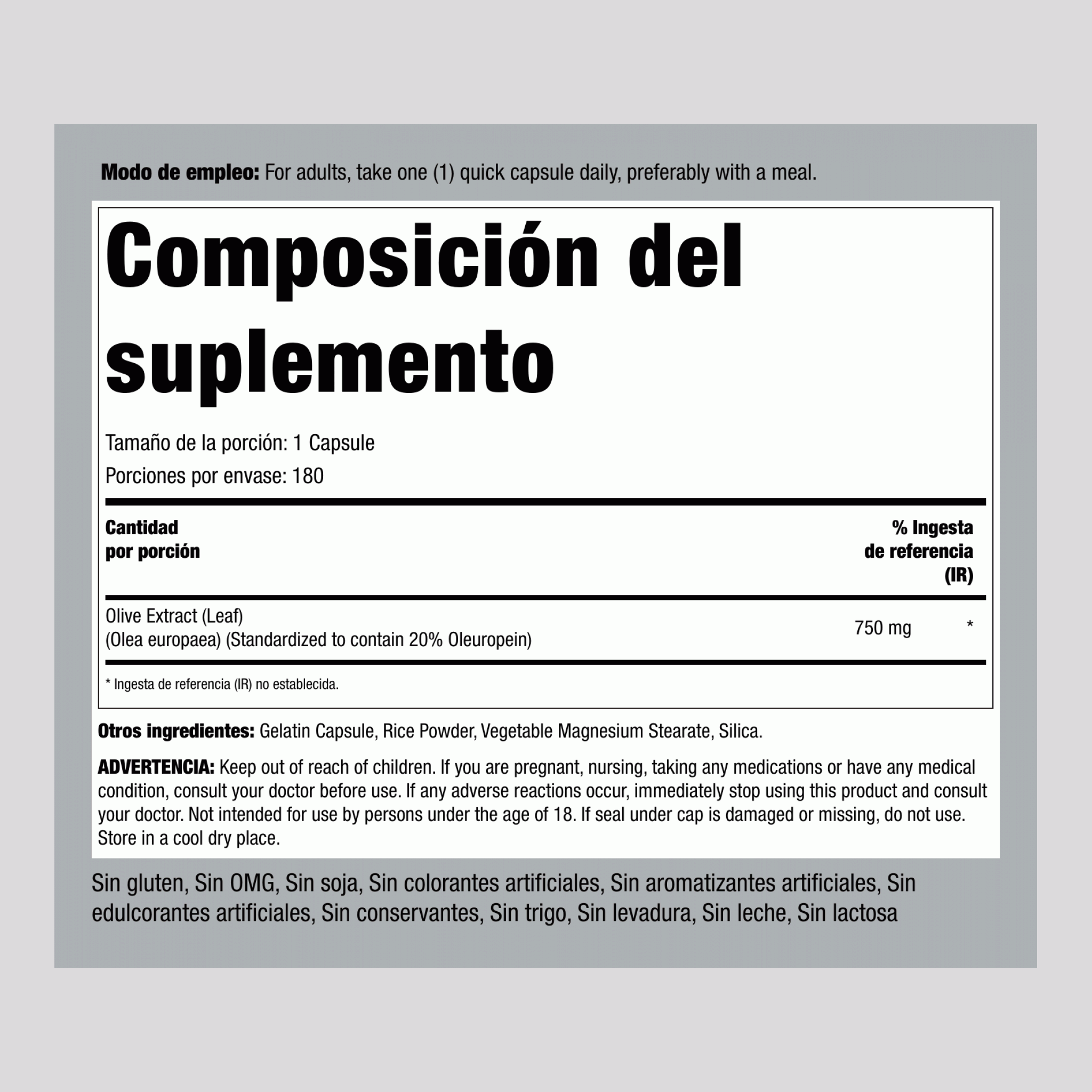 Extracto estandarizado de hoja de olivo 750 mg 180 Cápsulas     