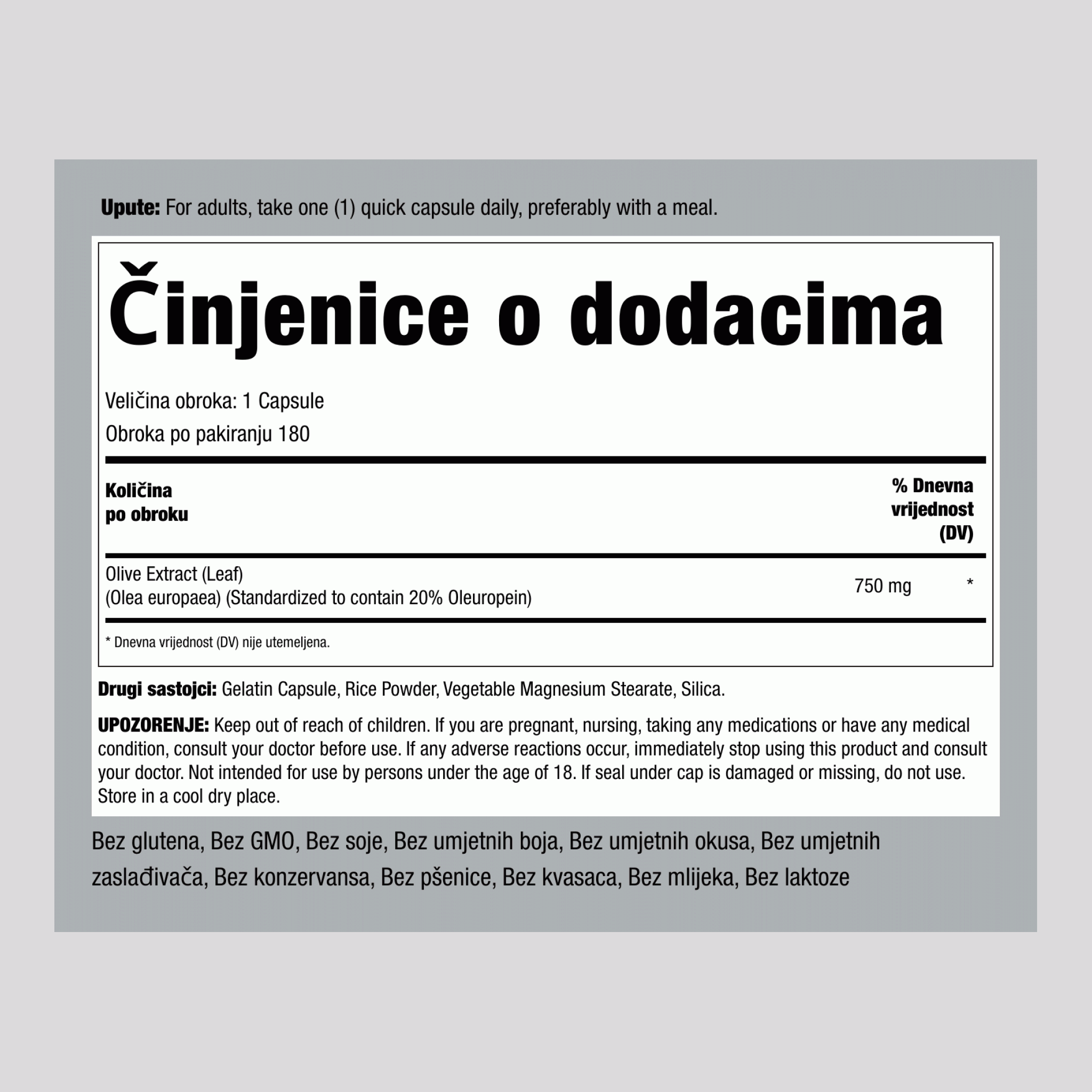 Standardizirani ekstrakt lista masline 750 mg 180 Kapsule     