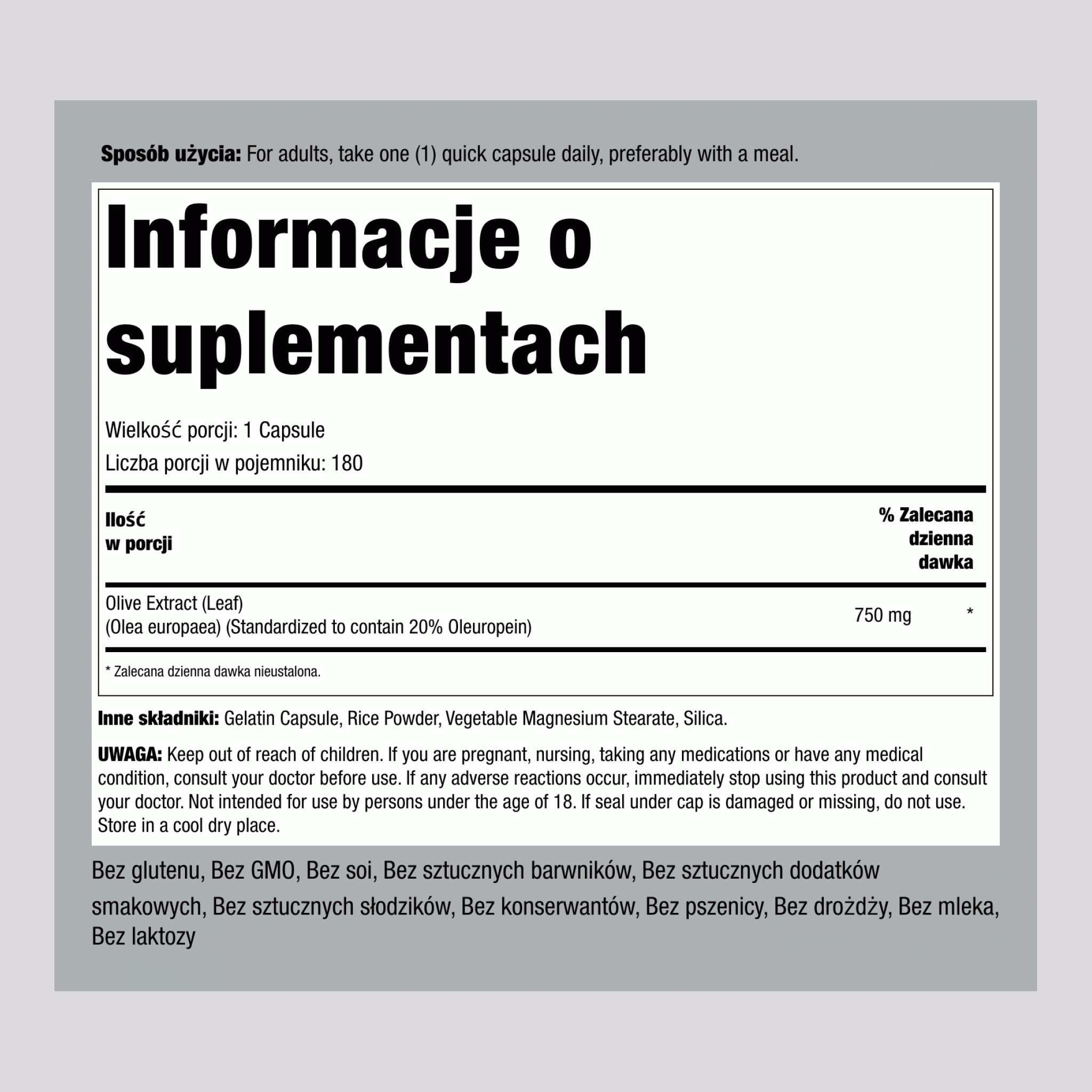Wyciąg standaryzowany z liści drzewa oliwnego 750 mg 180 Kapsułki     