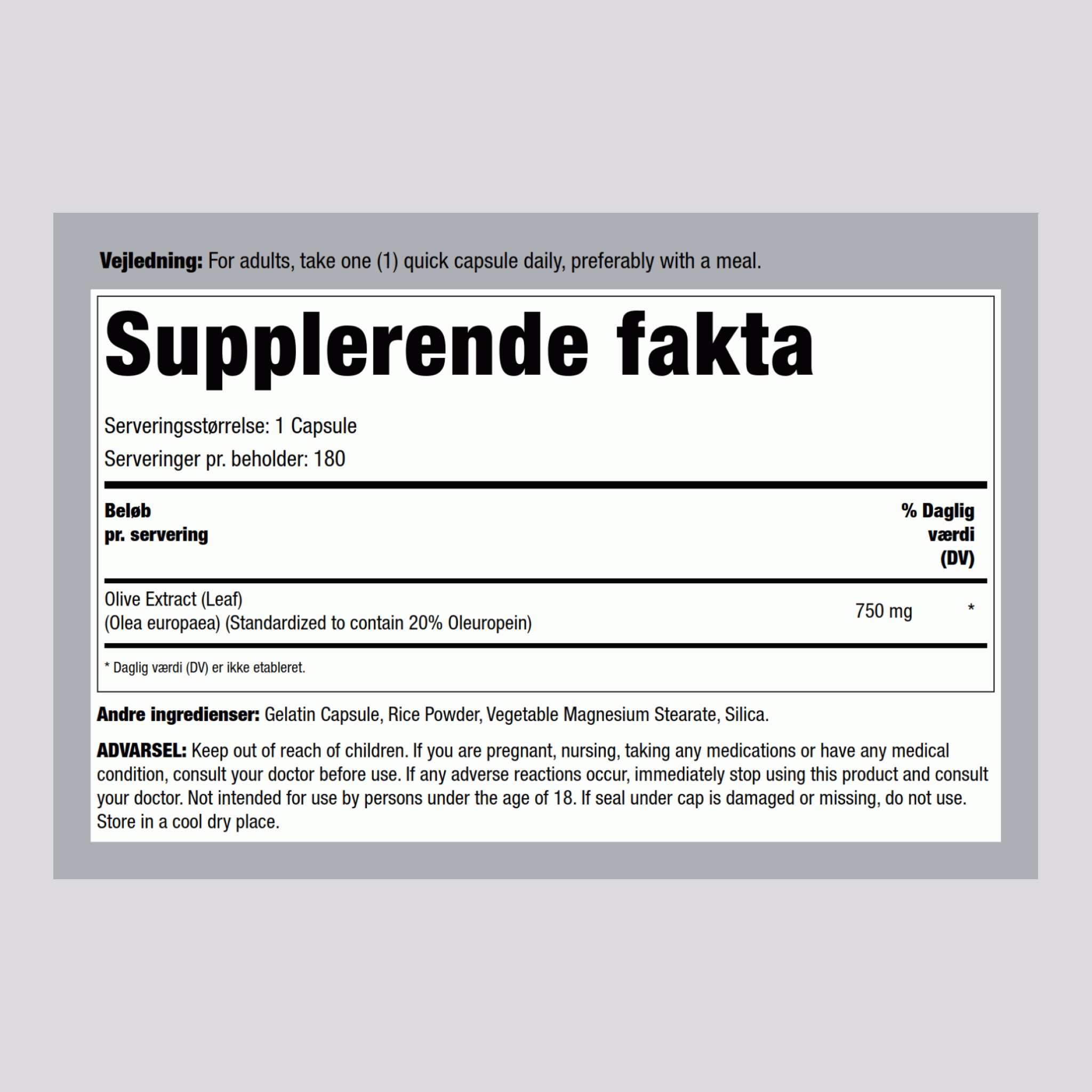 Olivenblad standardiseret ekstrakt 750 mg 180 Kapsler     