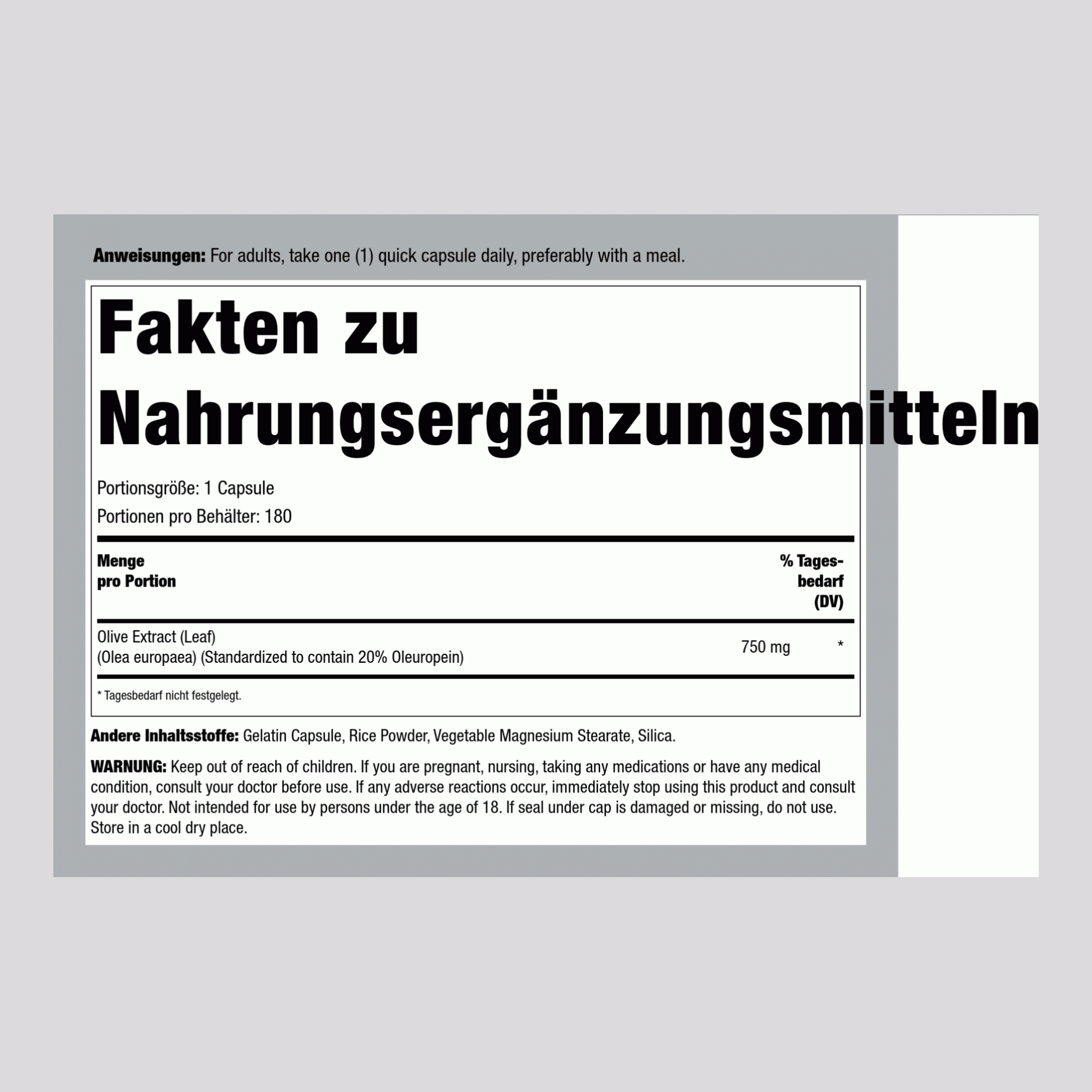 Olivenblatt-Extrakt, standardisiert 750 mg 180 Kapseln     