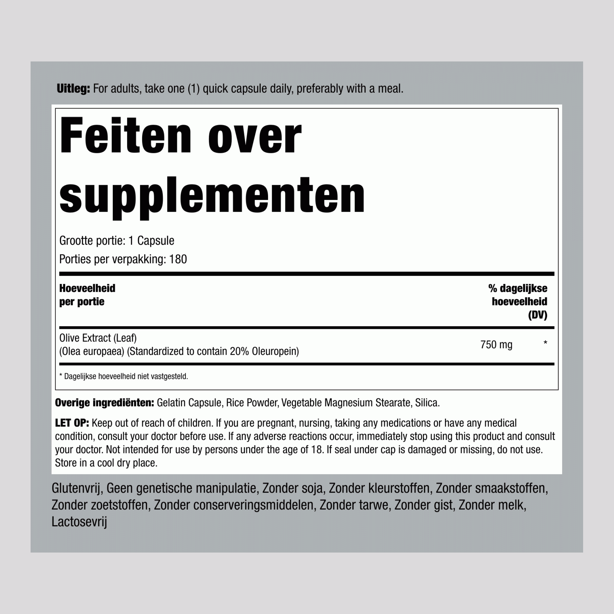 Gestandaardiseerd olijfbladextract,  750 mg 180 Capsules 2 Flessen