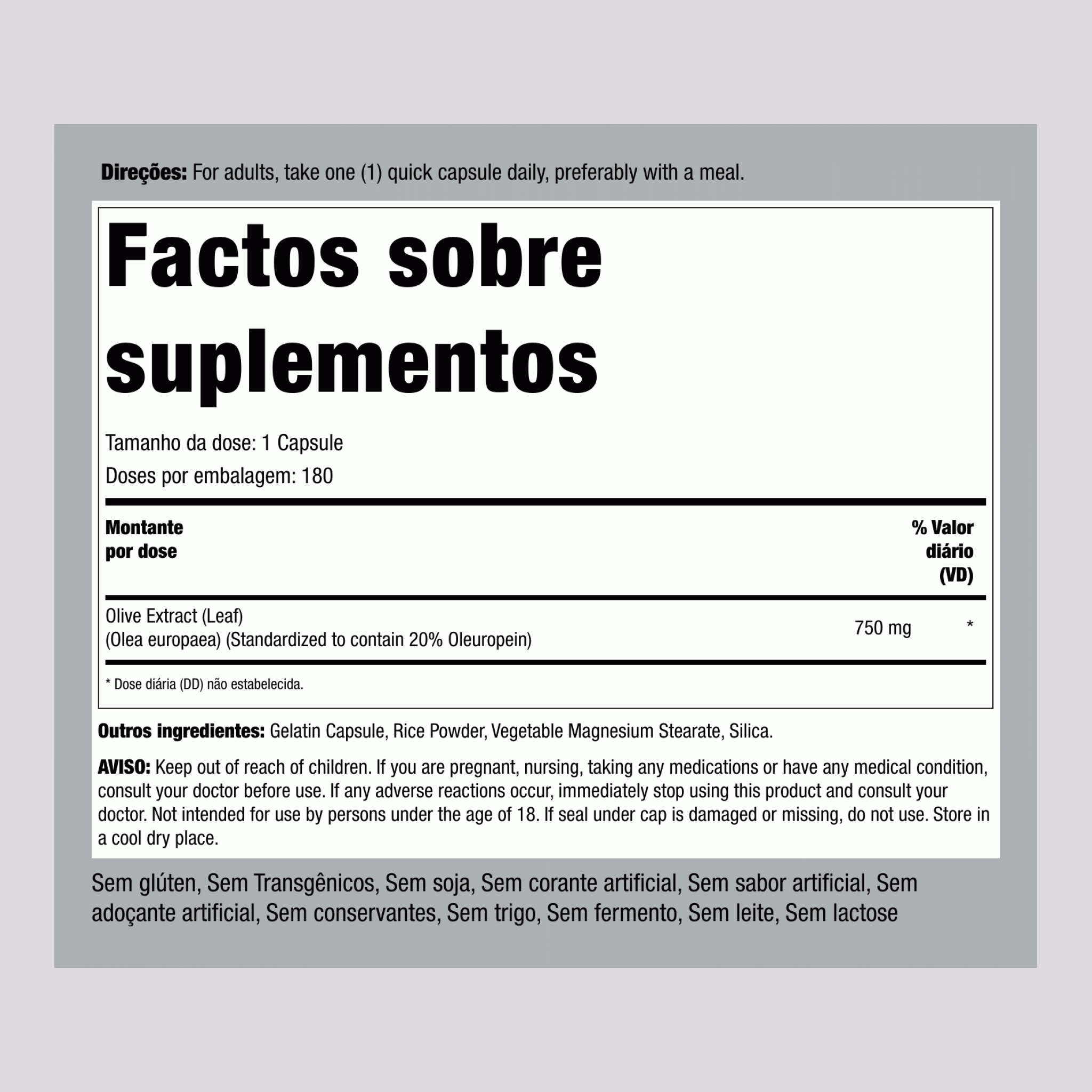 Extrato padronizado de folha de oliveira,  750 mg 180 Cápsulas 2 Frascos