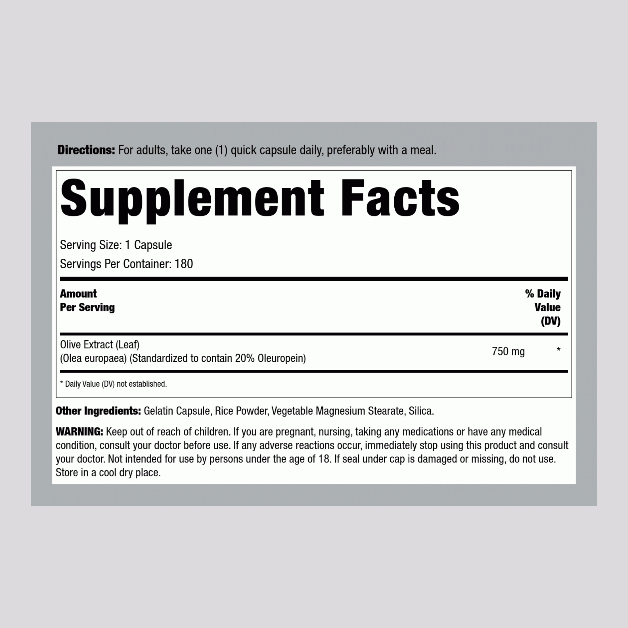 Olive Leaf Standardized Extract, 750 mg, 180 Capsules, 2  Bottles