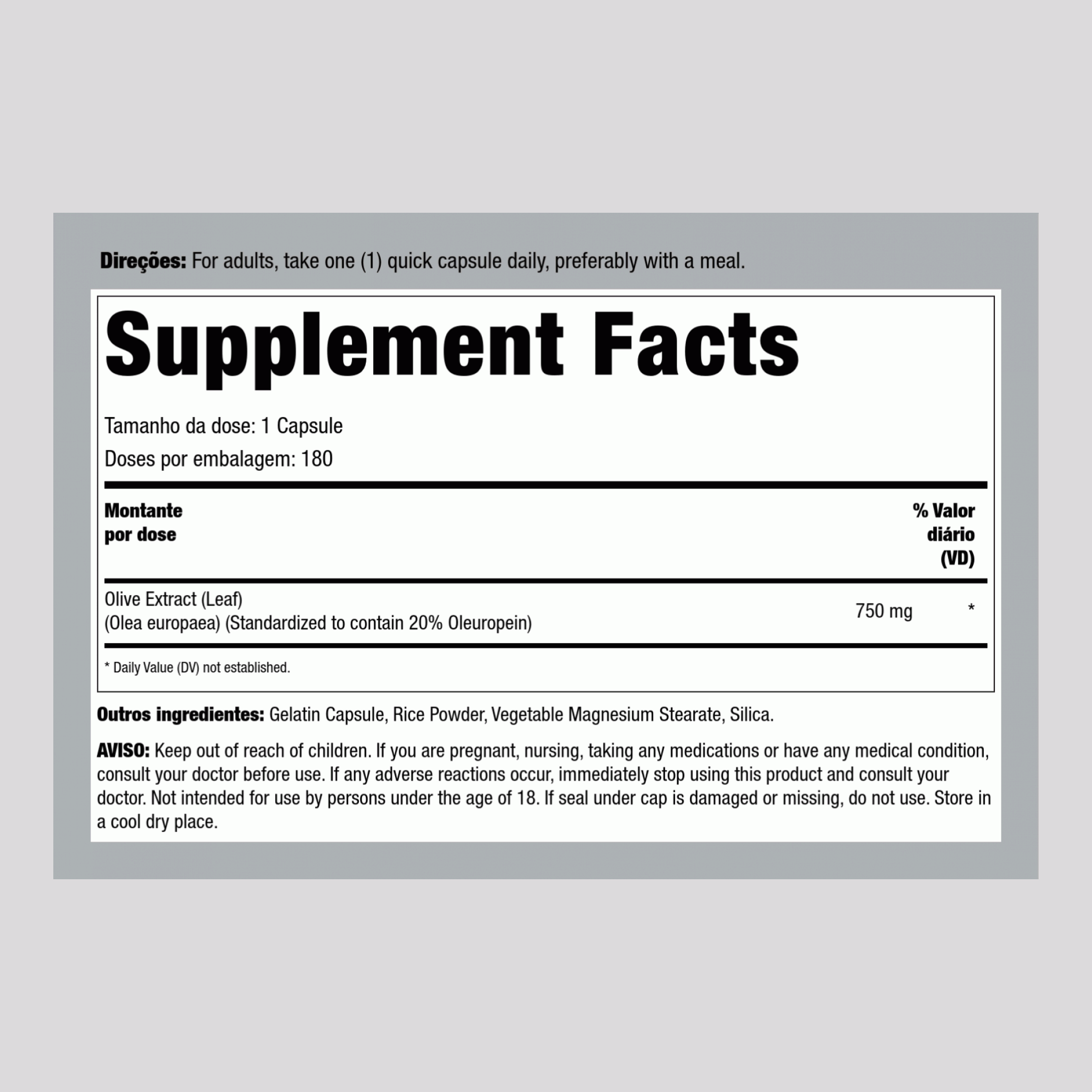 Olive Leaf Standardized Extract, 750 mg, 180 Capsules, 2  Bottles