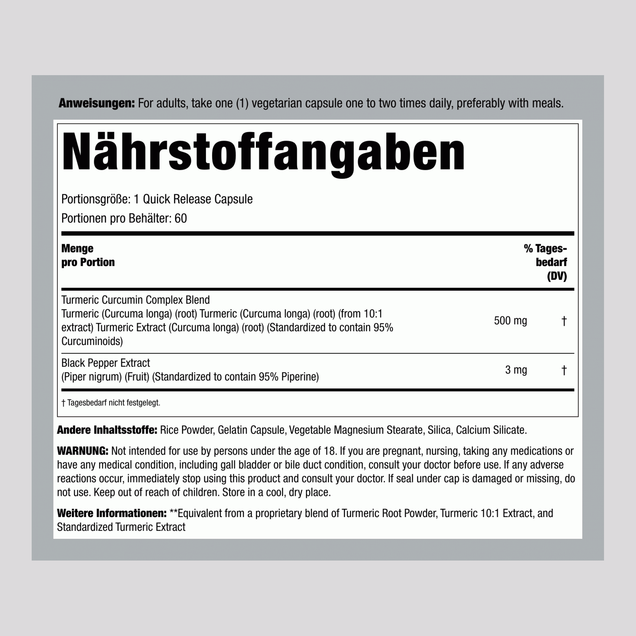 Kurkuma Curcumin-Standardisierter Extrakt, 500 mg, 60 schnell freisetzende Kapseln