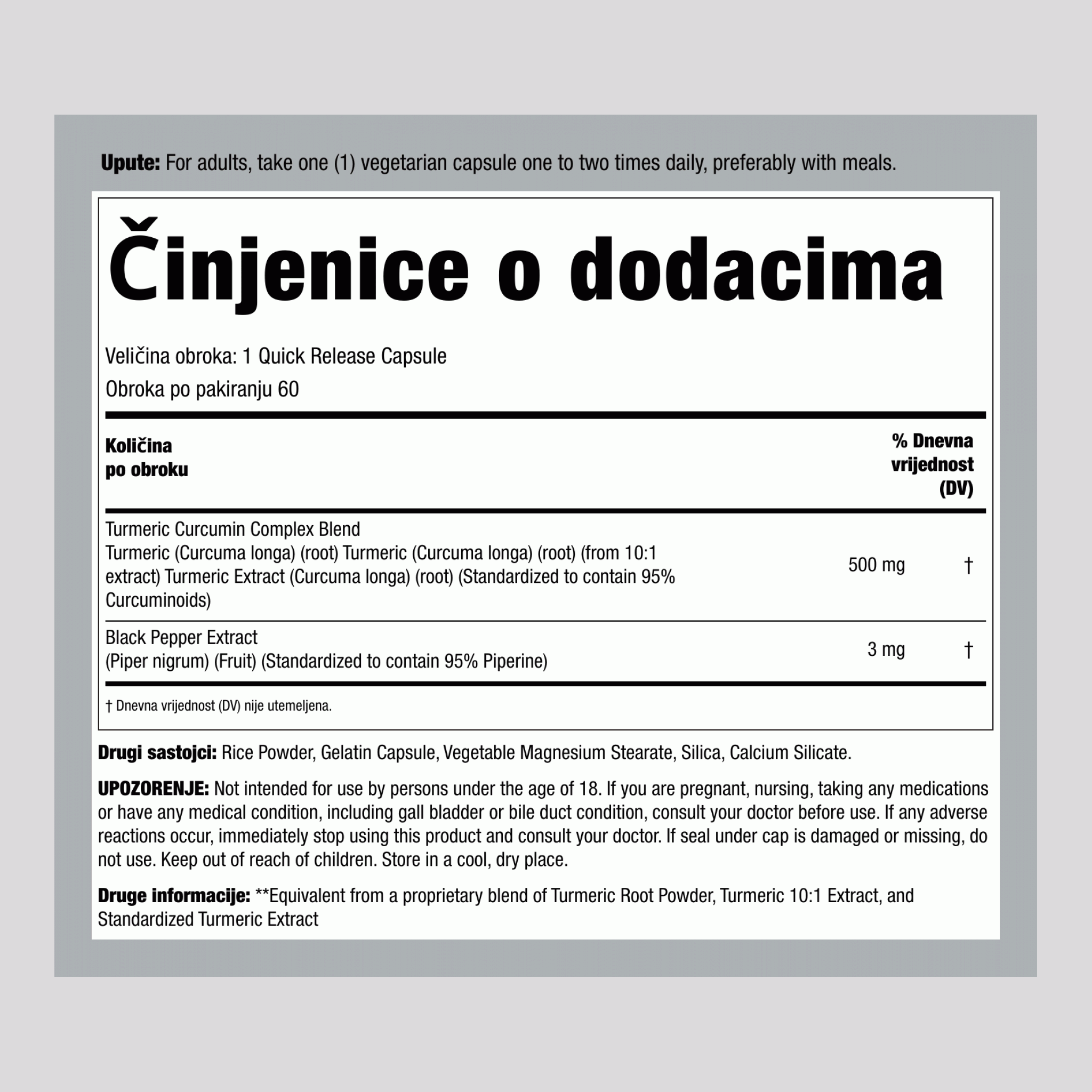 Ekstrakt kurkumina iz kurkume, 500 mg, 60 kapsuala s brzim otpuštanjem