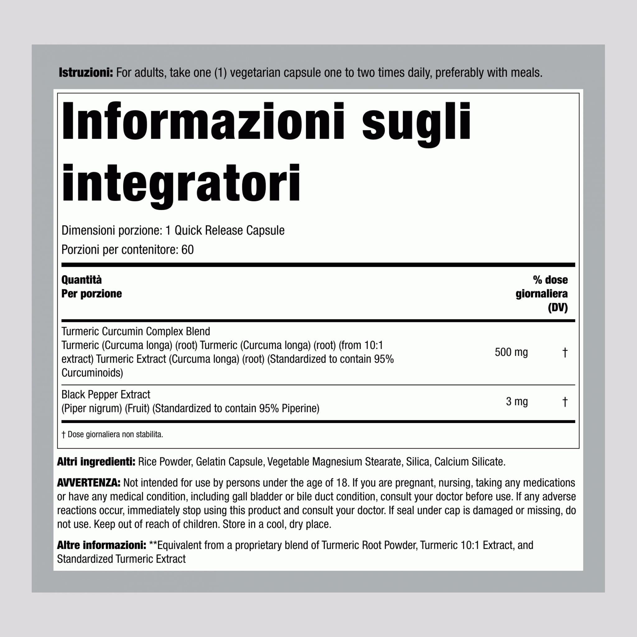 Estratto Standardizzato di Curcumina alla Curcuma, 500 mg, 60 Capsule a Rilascio Rapido