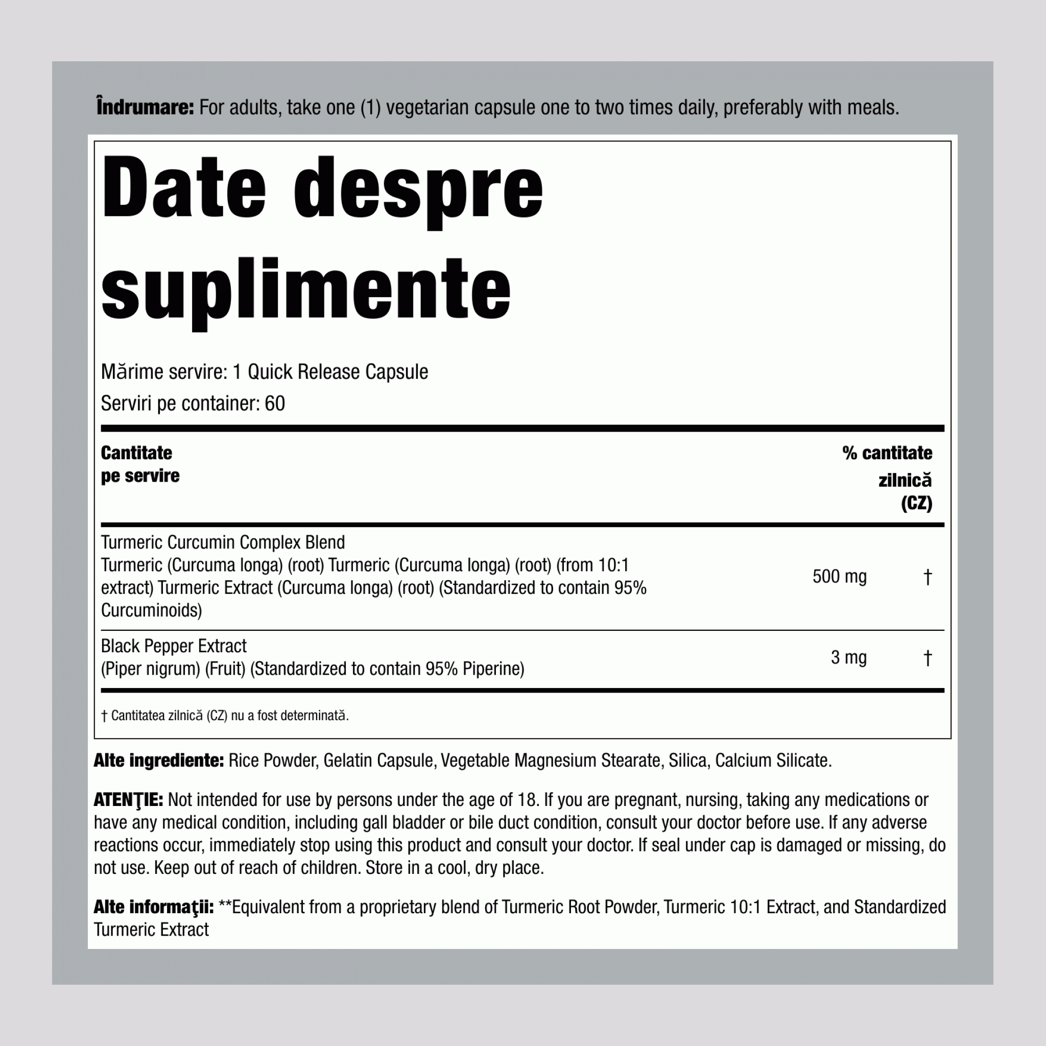 Extract Standardizat de Curcumină din Turmeric, 500 mg, 60 Capsule cu Eliberare Rapidă