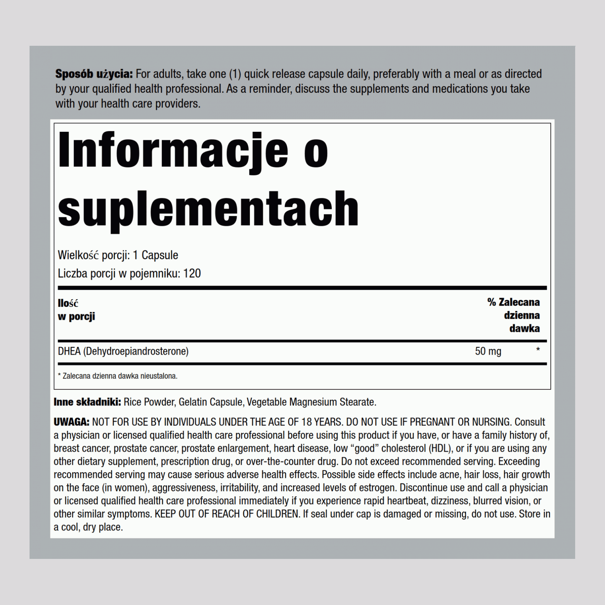 DHEA  50 mg 120 Kapsułki o szybkim uwalnianiu     