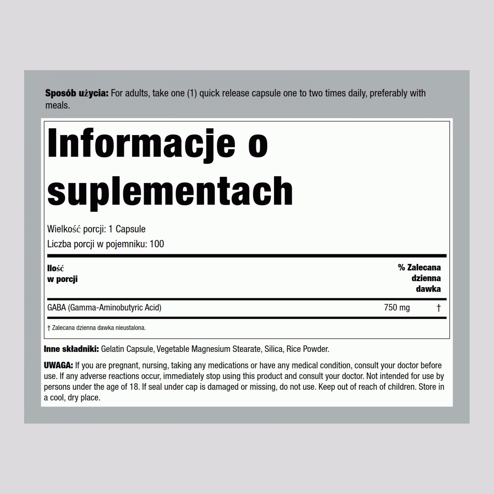 GABA (Kwas γ-aminomasłowy) 750 mg 100 Kapsułki o szybkim uwalnianiu     