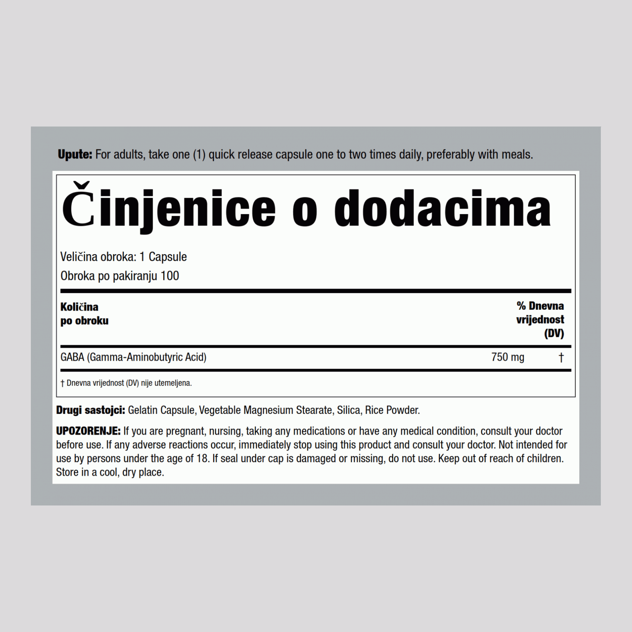 GABA (Gama-aminobutirična kiselina) 750 mg 100 Kapsule s brzim otpuštanjem 2 Boce  