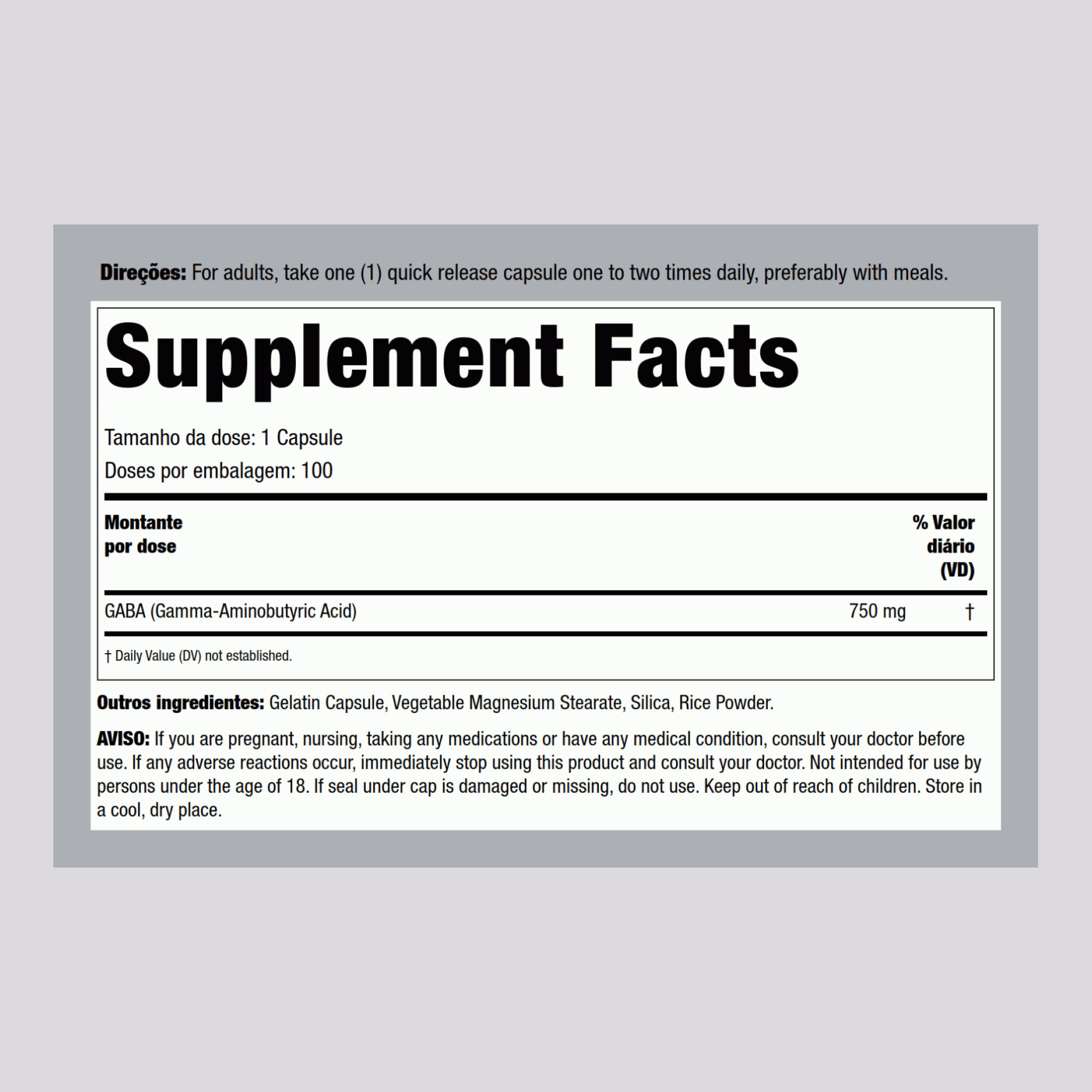 GABA (ácido gama-aminobutírico) 750 mg 100 Cápsulas de Rápida Absorção 2 Frascos  